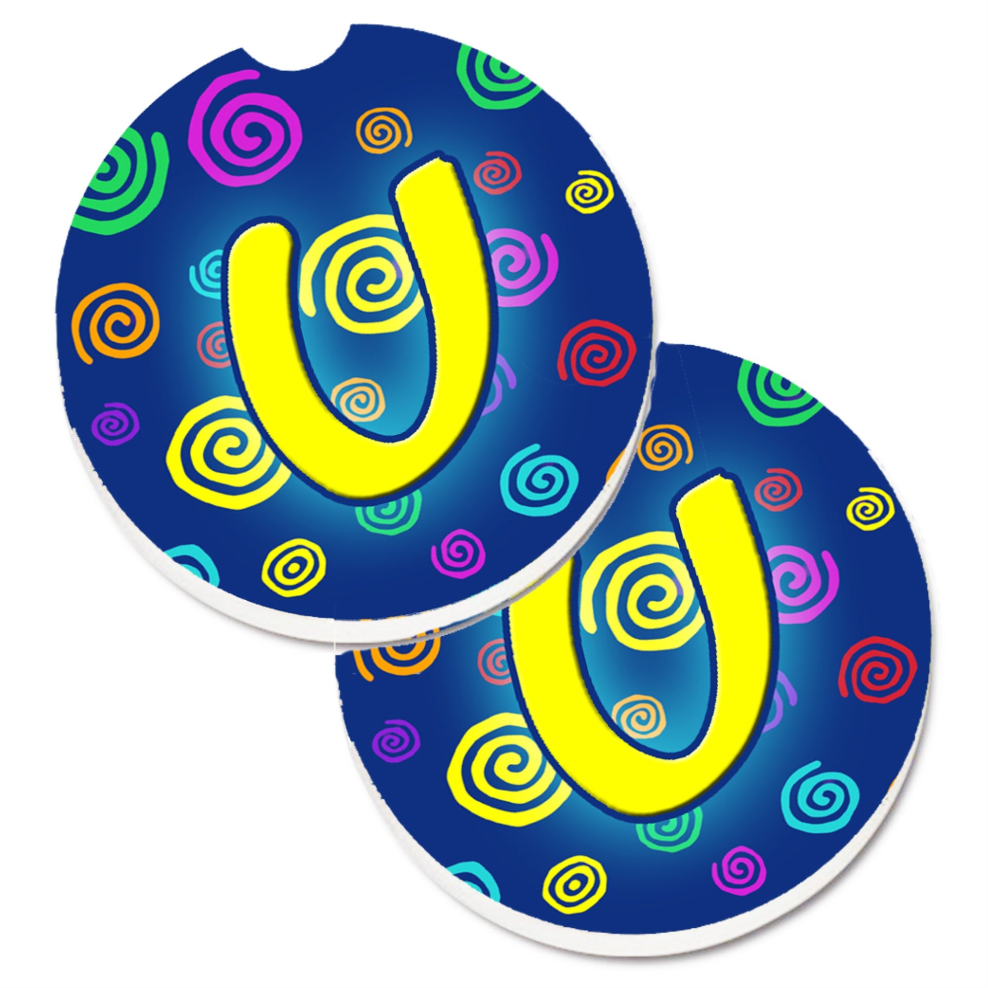 'Caroline'S Treasures Letter U Initial Monogram - Blue Swirls Set Of 2 Cup Holder Car Coasters Cj1011-Ucarc, 2.56, Multicolor''