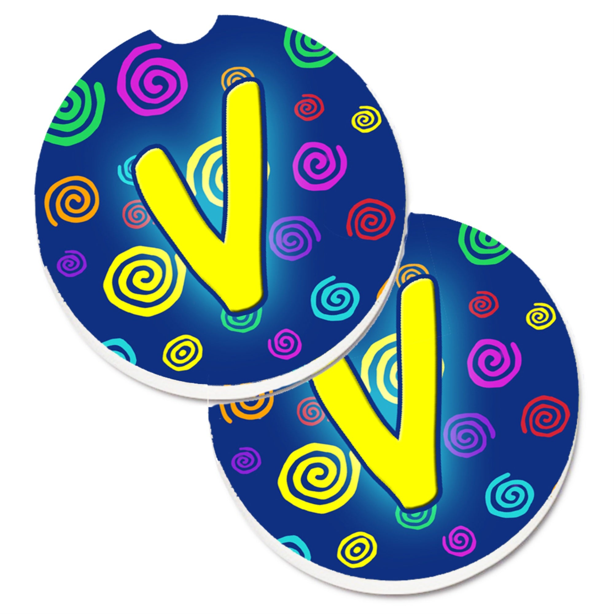 'Caroline'S Treasures Letter V Initial Monogram - Blue Swirls Set Of 2 Cup Holder Car Coasters Cj1011-Vcarc, 2.56, Multicolor''