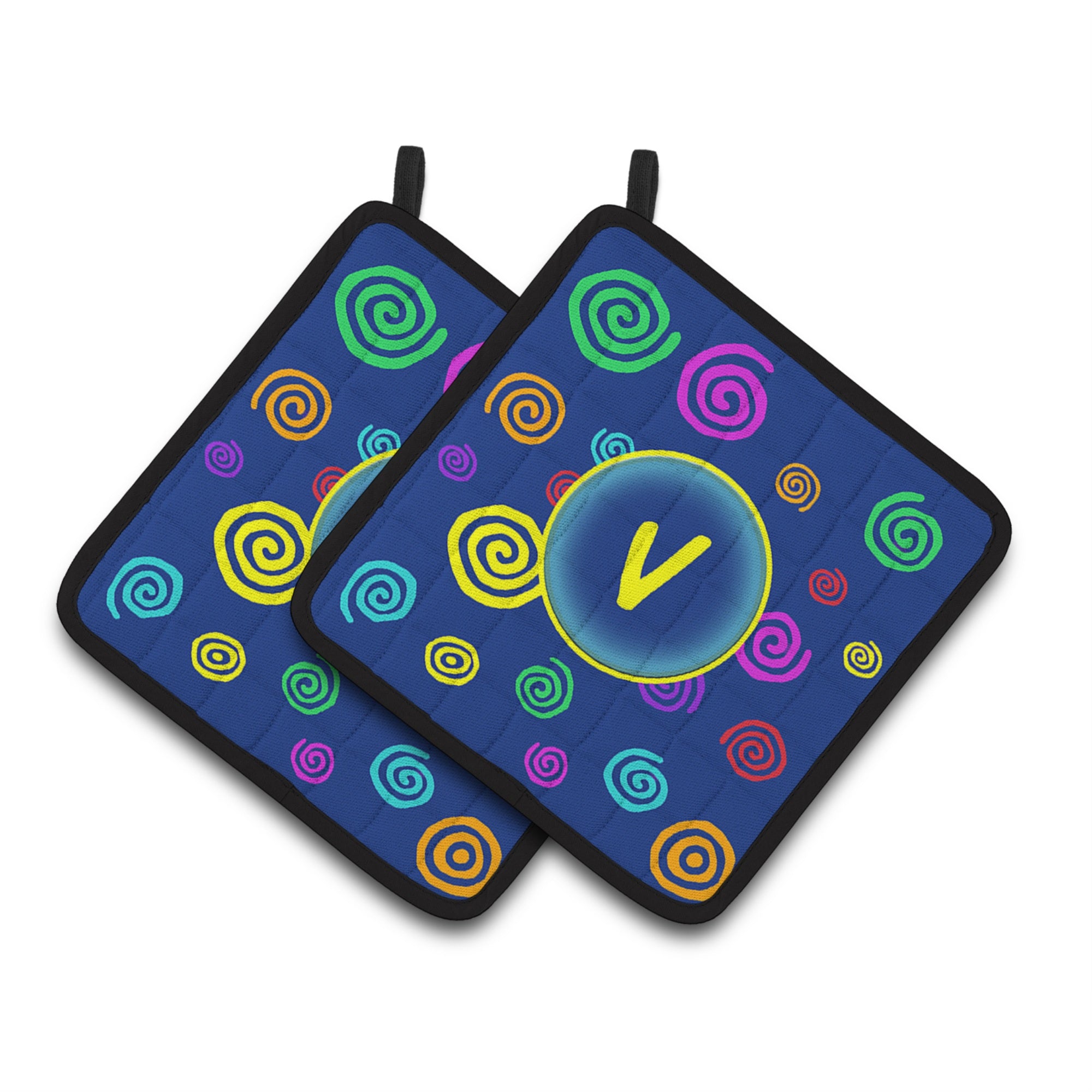 'Caroline'S Treasures Letter V Initial Monogram - Blue Swirls Pair Of Pot Holders Cj1011-Vpthd, 7.5Hx7.5W, Multicolor''