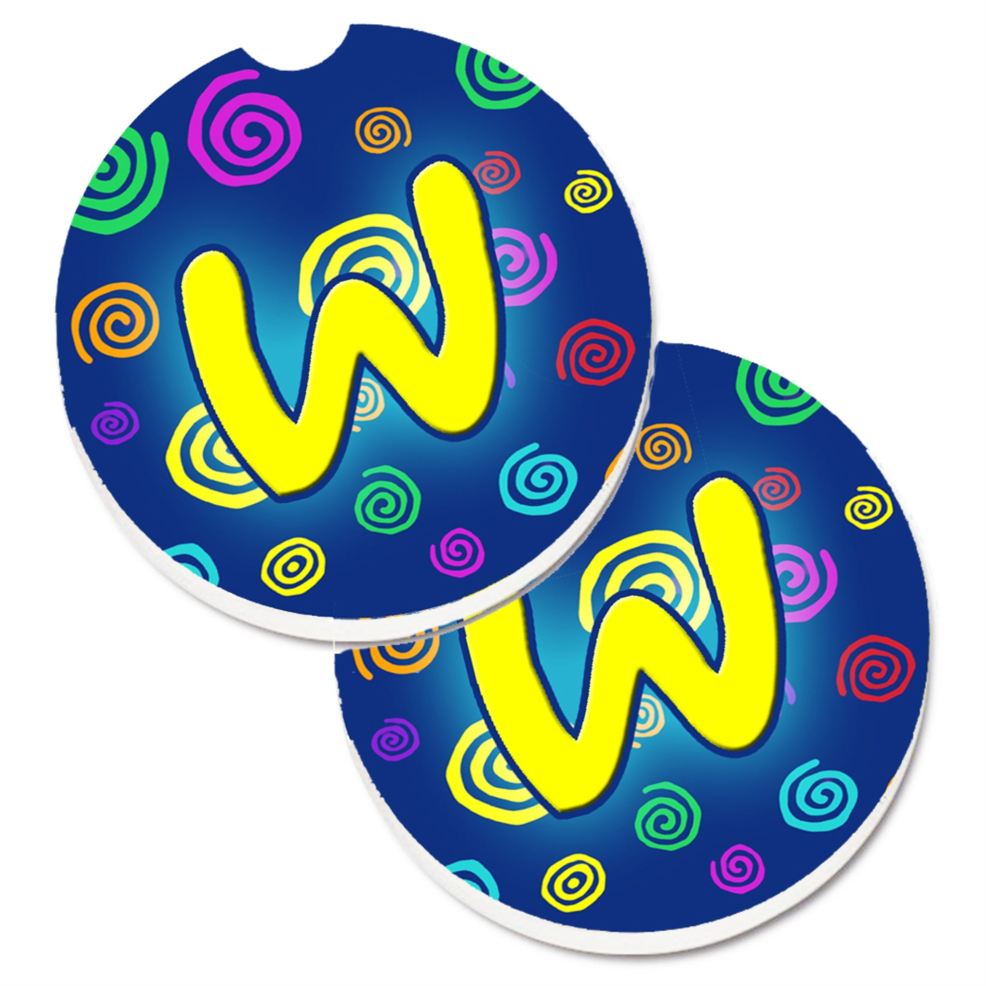 'Caroline'S Treasures Letter W Initial Monogram - Blue Swirls Set Of 2 Cup Holder Car Coasters Cj1011-Wcarc, 2.56, Multicolor''