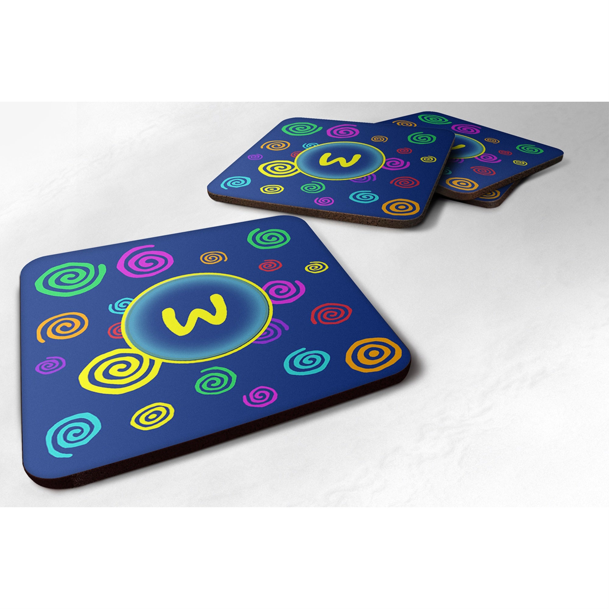 'Caroline'S Treasures Cj1011-Wfc Monogram-Blue Swirls Foam Coasters (Set Of 4), Initial Letter W, 3.5'''' H X 3.5'''' W, Multic