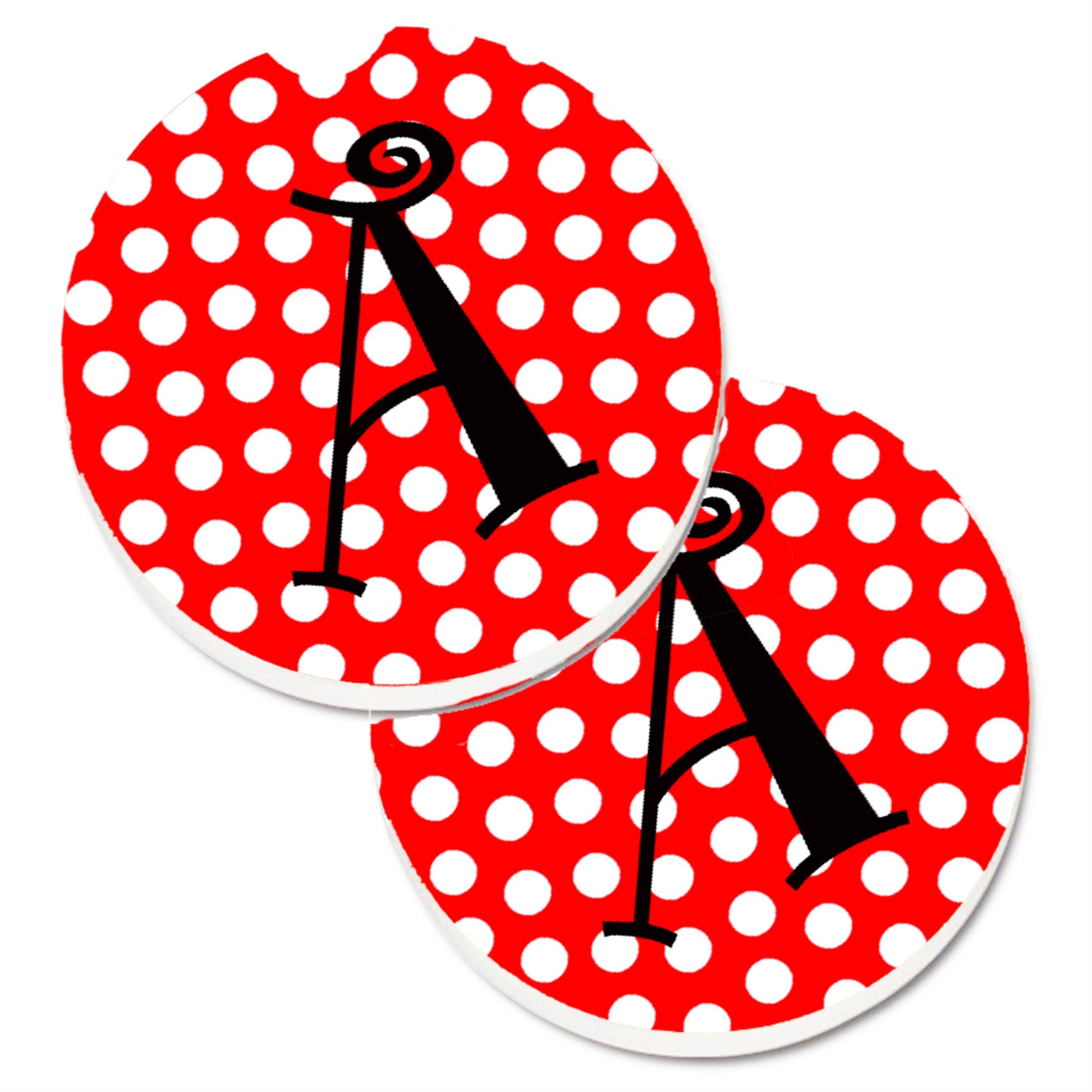 'Caroline'S Treasures Letter A Monogram - Red & Black Polka Dots Set Of 2 Cup Holder Car Coasters Cj1012-Acarc, 2.56, Multicolo