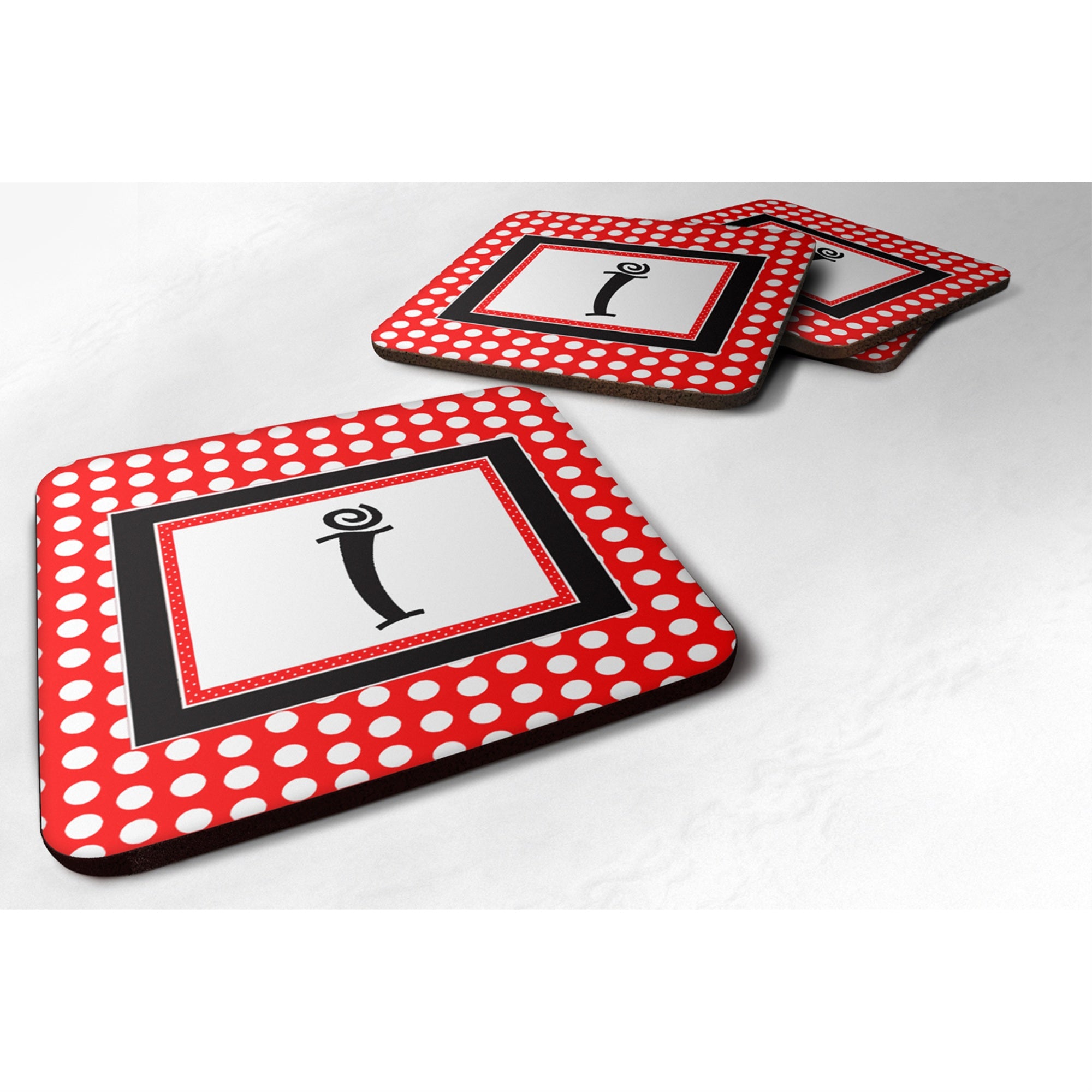 'Caroline'S Treasures Cj1012-Ifc Monogram-Red Black Polka Dots Foam Coasters (Set Of 4), Initial Letter I, 3.5'''' H X 3.5''''