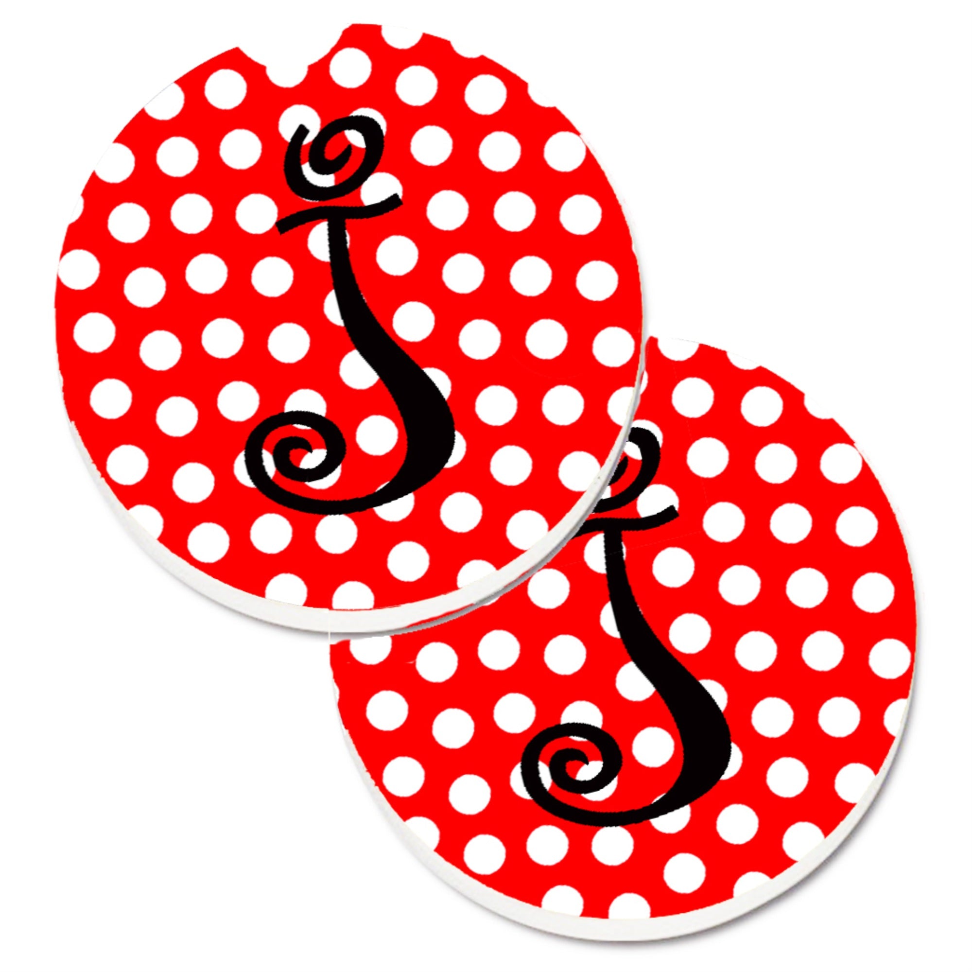 'Caroline'S Treasures Letter J Initial Monogram Red Black Polka Dots Set Of 2 Cup Holder Car Coasters Cj1012-Jcarc, 2.56, Multi