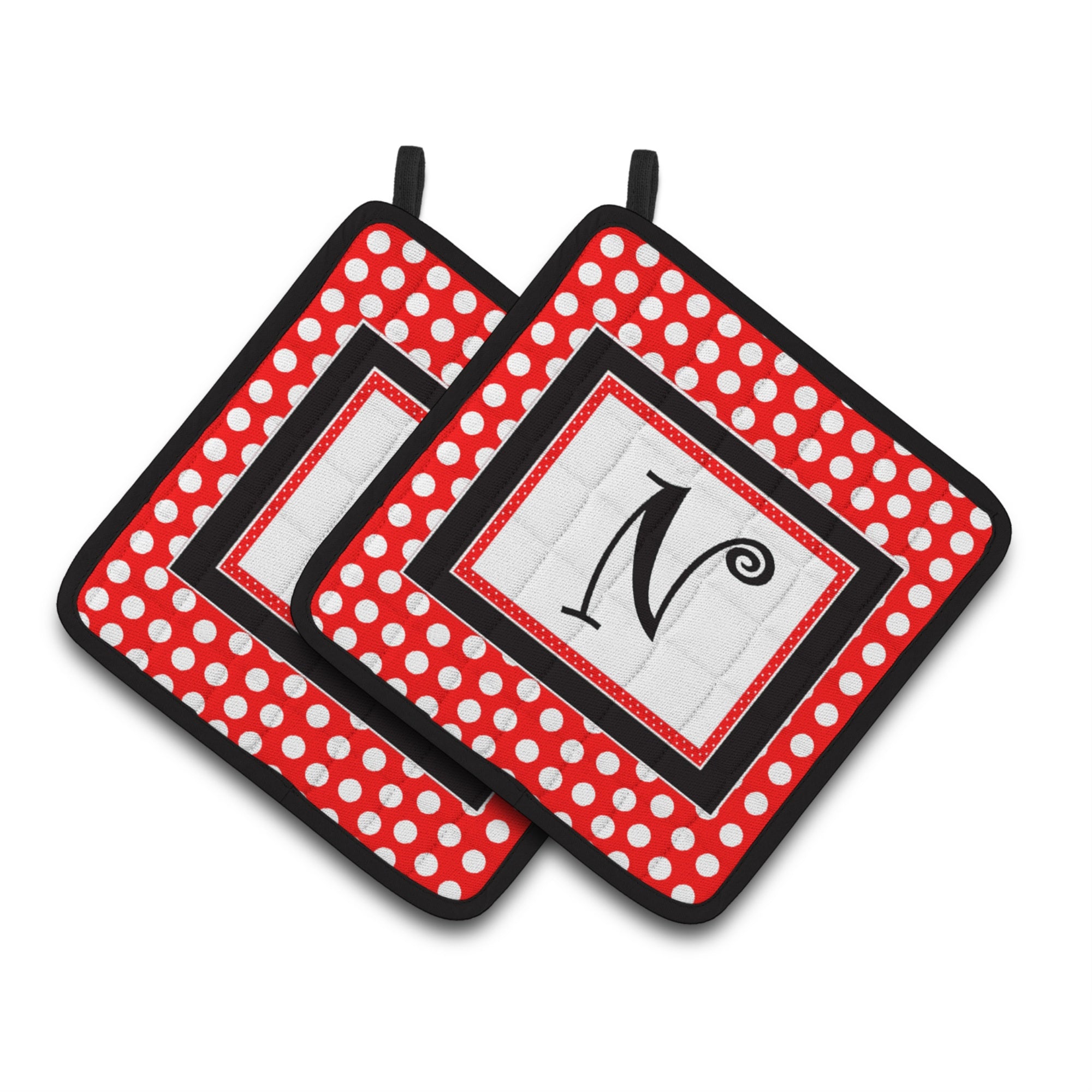 'Caroline'S Treasures Letter N Initial Monogram Red Black Polka Dots Pair Of Pot Holders Cj1012-Npthd, 7.5Hx7.5W, Multicolor''