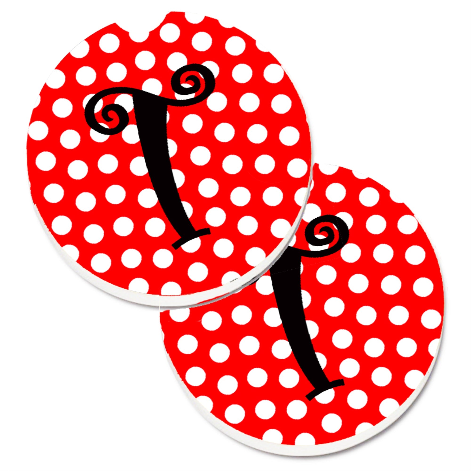 'Caroline'S Treasures Monogram - Initial T Red Black Polka Dots Set Of 2 Cup Holder Car Coasters Cj1012-Tcarc, 2.56, Multicolor