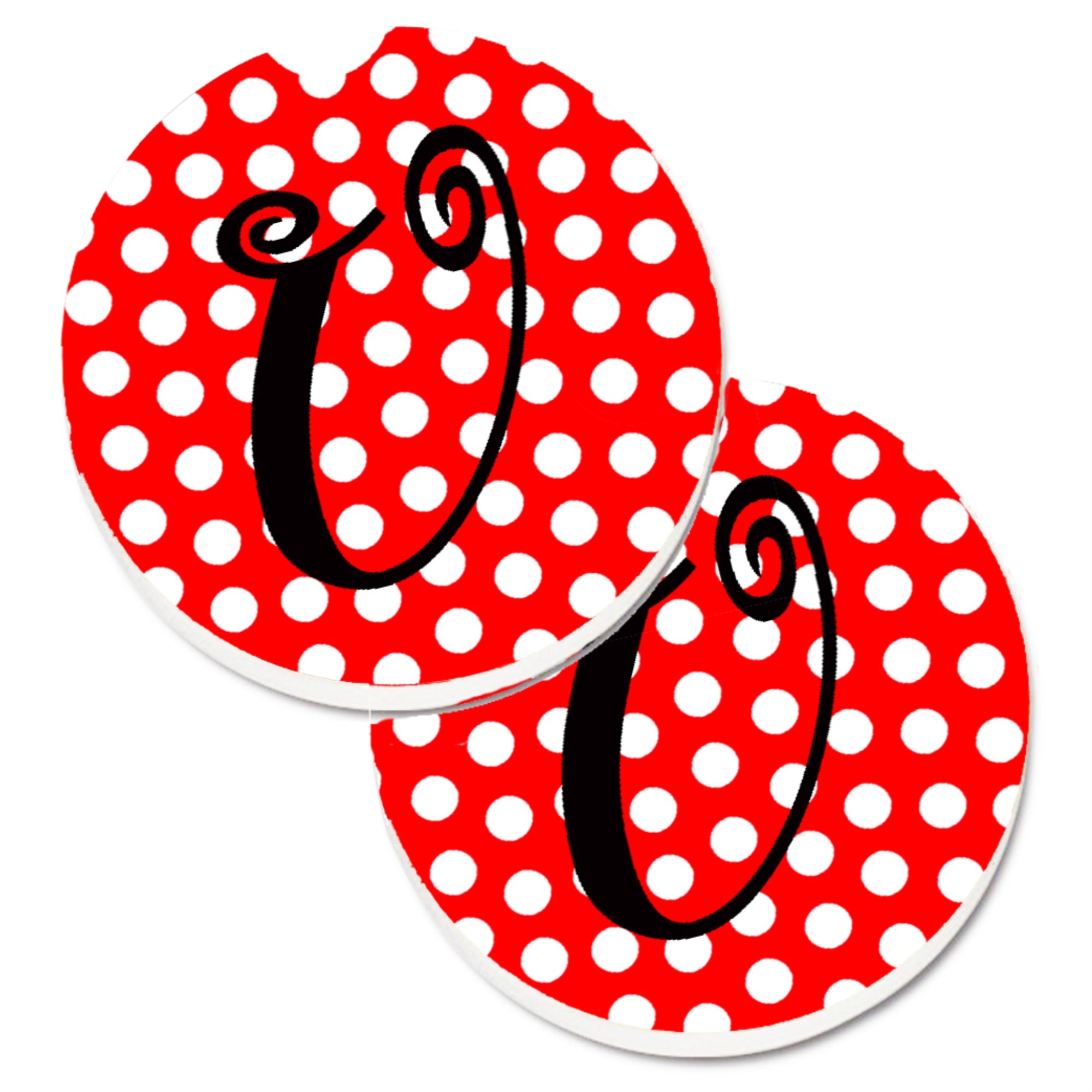 'Caroline'S Treasures Monogram - Initial U Red Black Polka Dots Set Of 2 Cup Holder Car Coasters Cj1012-Ucarc, 2.56, Multicolor