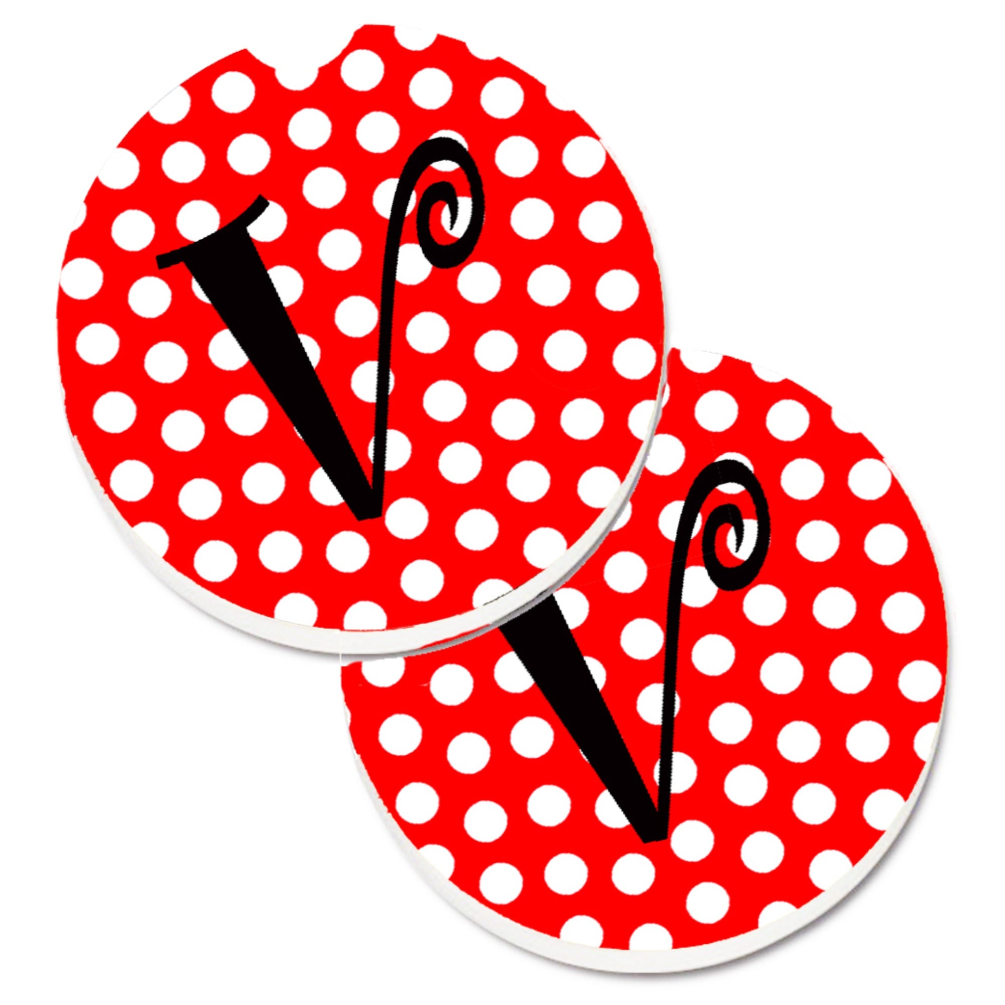 'Caroline'S Treasures Monogram - Initial V Red Black Polka Dots Set Of 2 Cup Holder Car Coasters Cj1012-Vcarc, 2.56, Multicolor