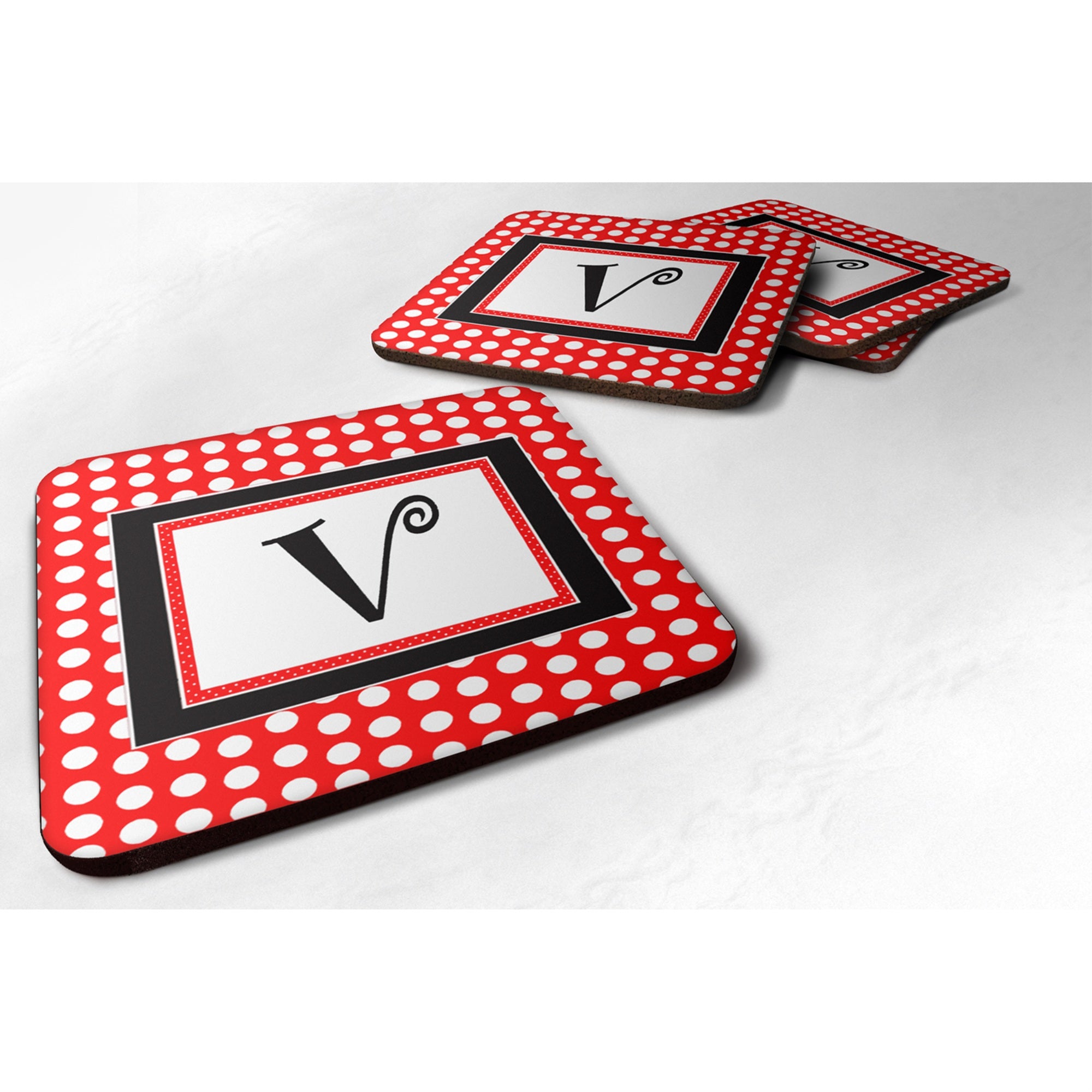'Caroline'S Treasures Cj1012-Vfc Monogram-Red Black Polka Dots Foam Coasters (Set Of 4), Initial Letter V, 3.5'''' H X 3.5''''