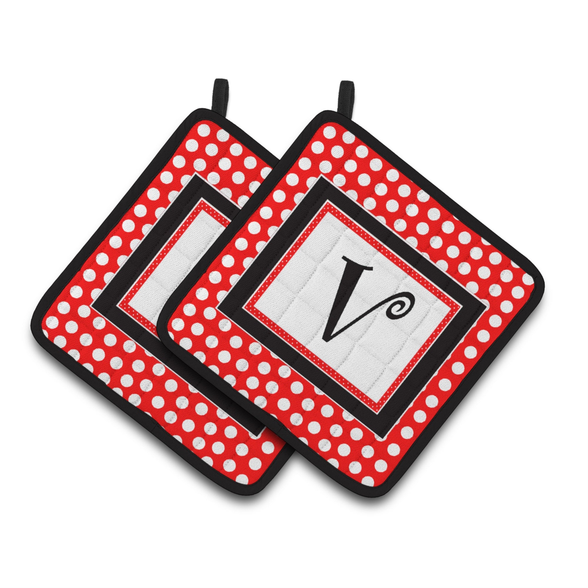 'Caroline'S Treasures Monogram - Initial V Red Black Polka Dots Pair Of Pot Holders Cj1012-Vpthd, 7.5Hx7.5W, Multicolor''