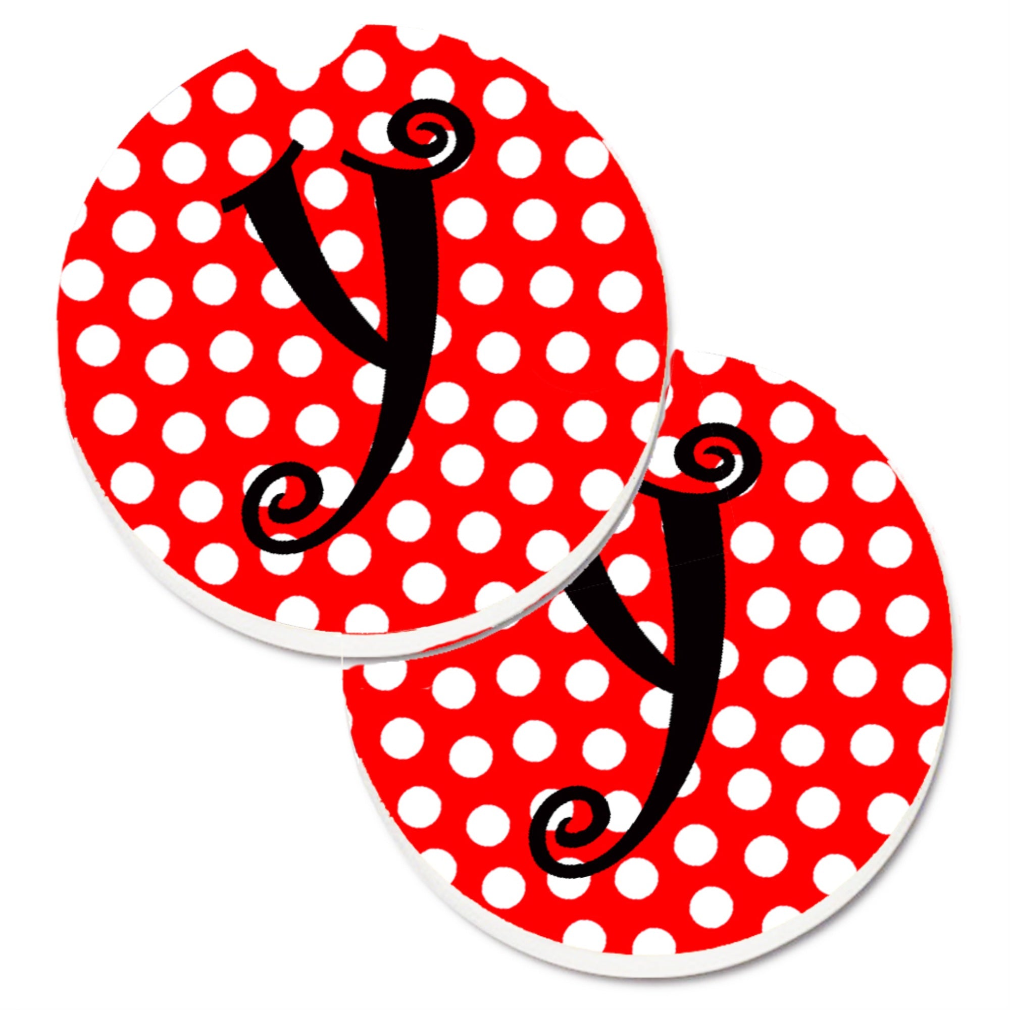 'Caroline'S Treasures Monogram - Initial Y Red Black Polka Dots Set Of 2 Cup Holder Car Coasters Cj1012-Ycarc, 2.56, Multicolor