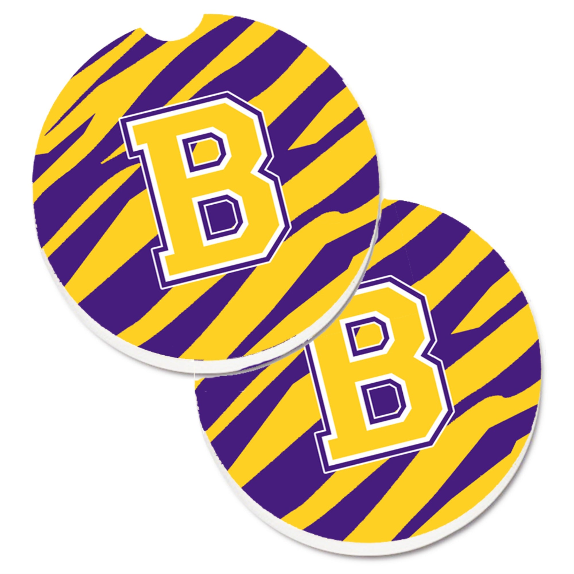 'Caroline'S Treasures Letter B Monogram - Tiger Stripe - Purple Gold Set Of 2 Cup Holder Car Coasters Cj1022-Bcarc, 2.56, Multi