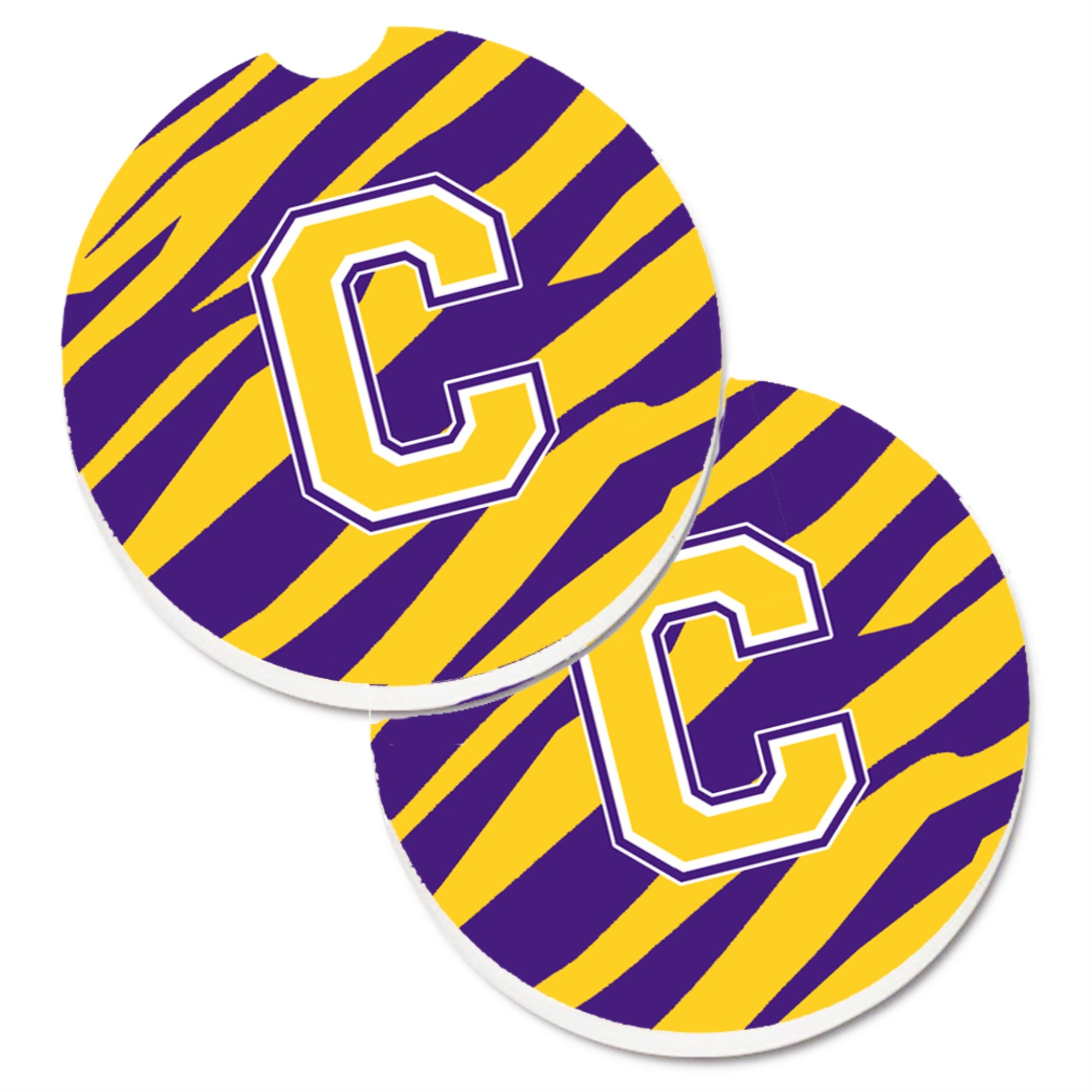 'Caroline'S Treasures Letter C Monogram - Tiger Stripe - Purple Gold Set Of 2 Cup Holder Car Coasters Cj1022-Ccarc, 2.56, Multi