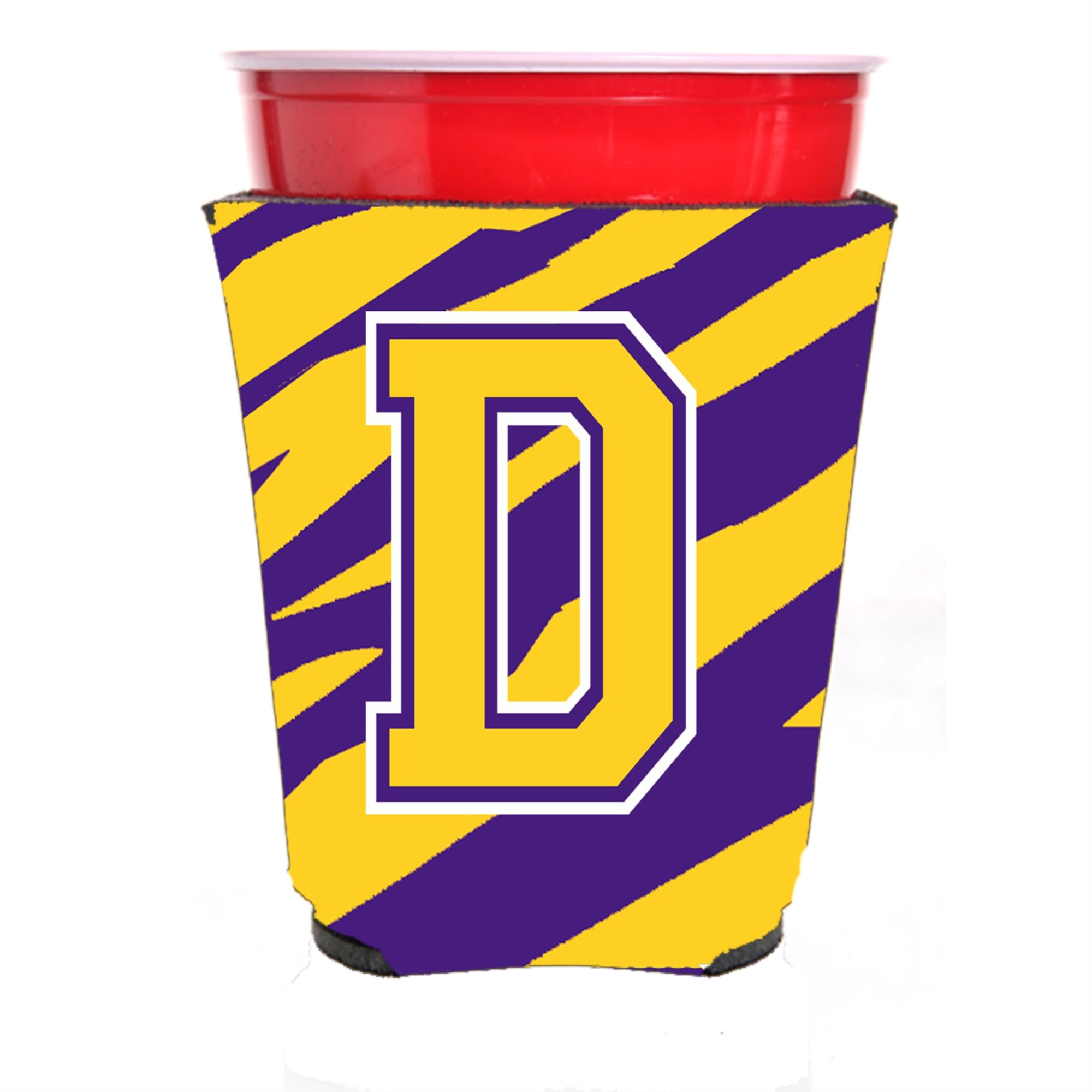 Tiger Stripe - Purple Gold Letter D Monogram Initial Red Solo Cup Beverage Insulator Hugger