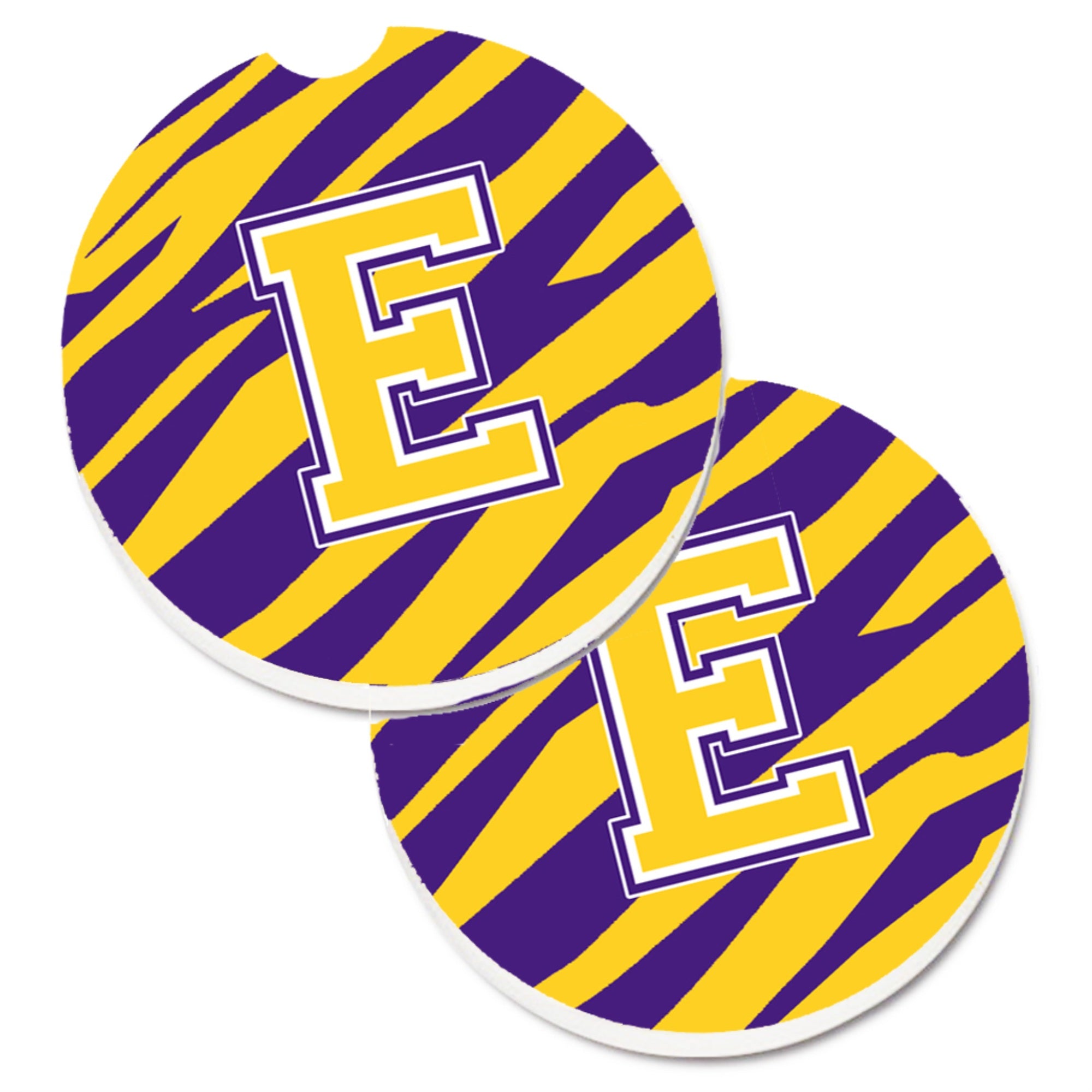 'Caroline'S Treasures Letter E Monogram - Tiger Stripe - Purple Gold Set Of 2 Cup Holder Car Coasters Cj1022-Ecarc, 2.56, Multi