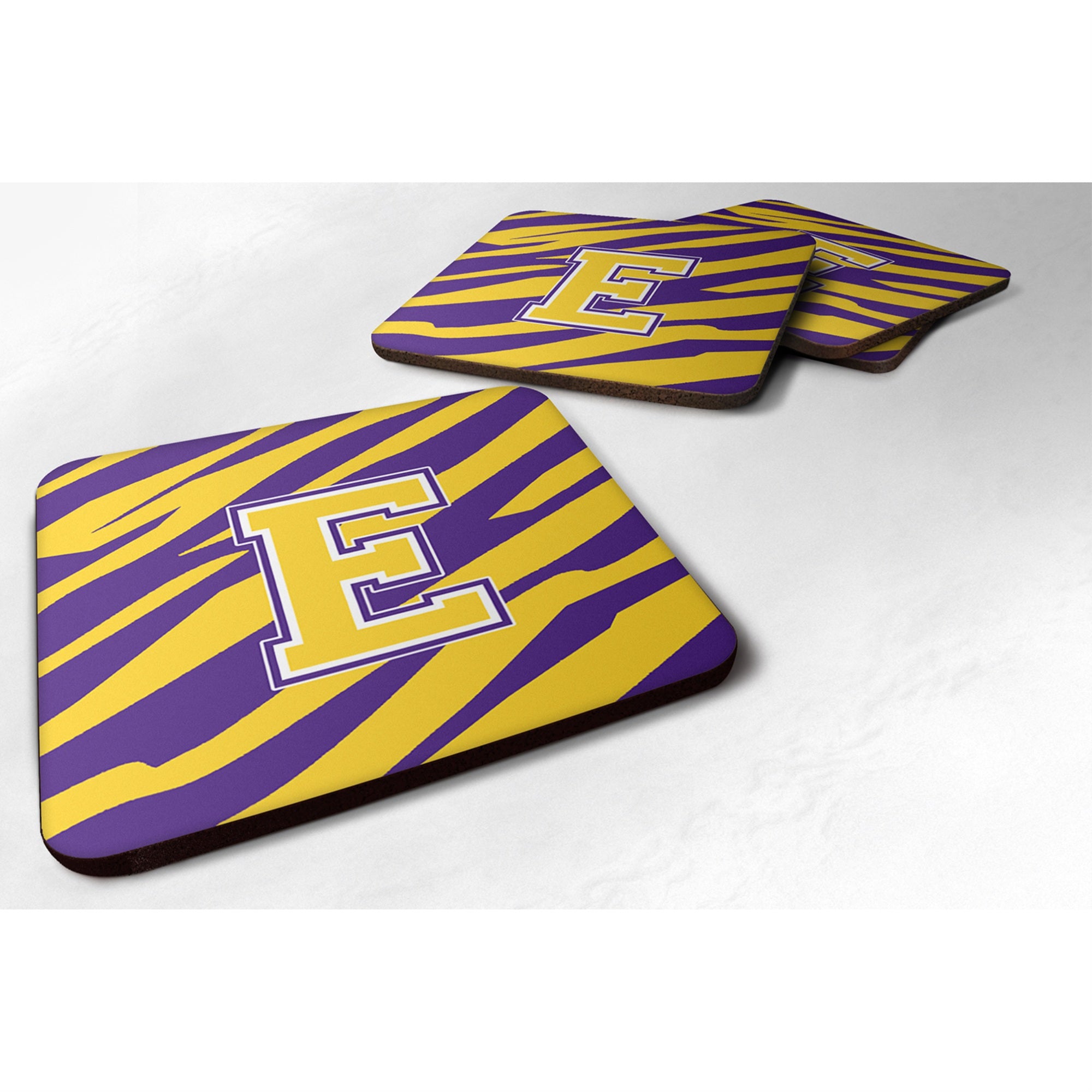 Carolines Treasures CJ1022EFC MonogramInitial E Tiger StripePurple Gold Foam Coasters (Set of 4) 3.5 H x 3.5 W Multicolo