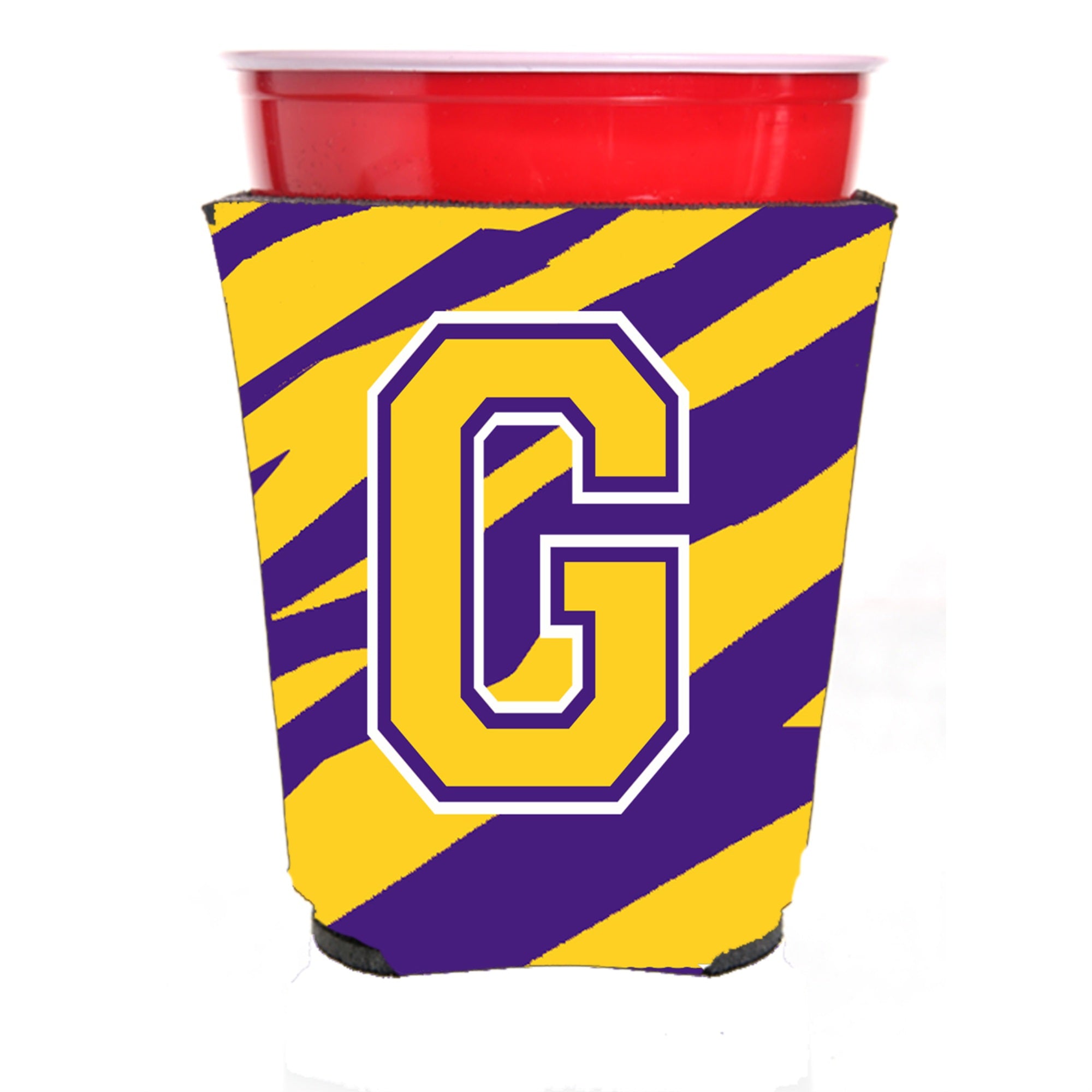 Tiger Stripe - Purple Gold Letter G Monogram Initial Red Solo Cup Beverage Insulator Hugger
