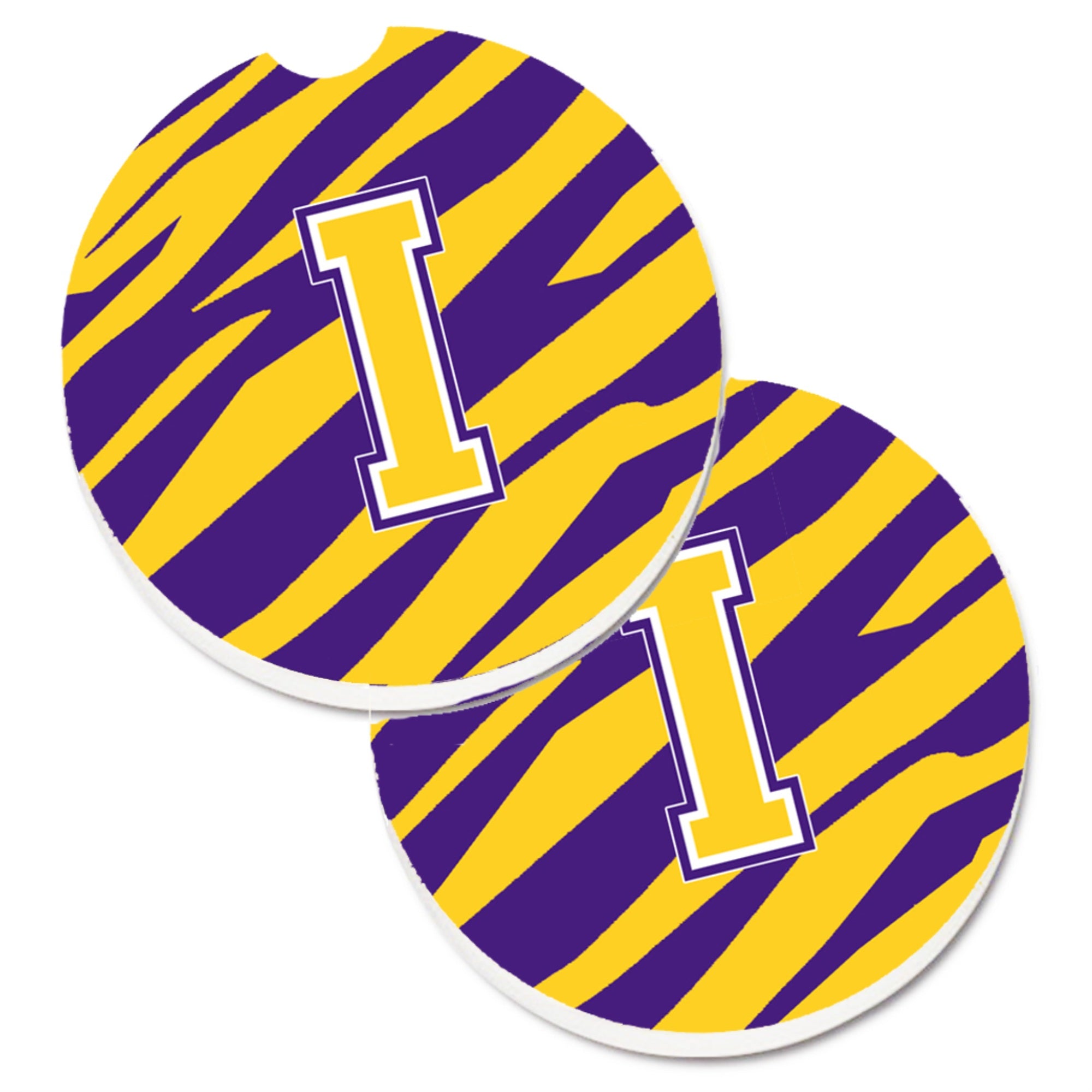 'Caroline'S Treasures Letter I Monogram - Tiger Stripe - Purple Gold Set Of 2 Cup Holder Car Coasters Cj1022-Icarc, 2.56, Multi