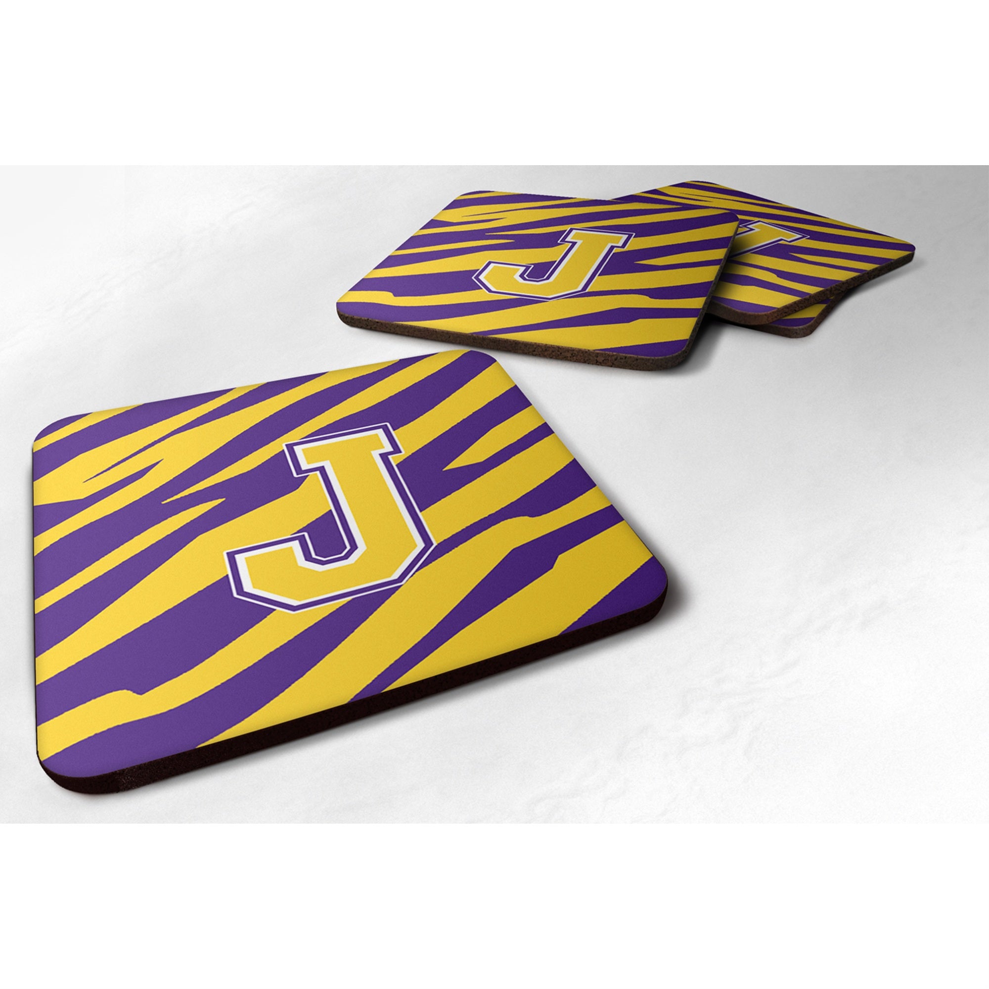'Caroline'S Treasures Cj1022-Jfc Monogram-Initial J Tiger Stripe-Purple Gold Foam Coasters (Set Of 4), 3.5'''' H X 3.5'''' W, M