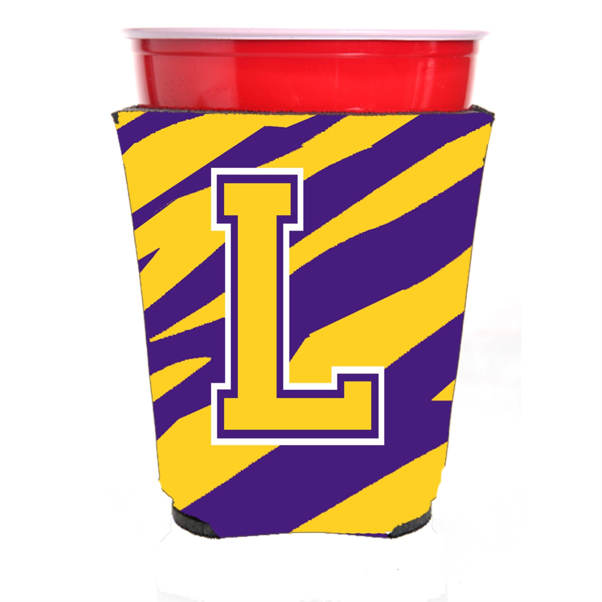 Tiger Stripe - Purple Gold Letter L Monogram Initial Red Solo Cup Beverage Insulator Hugger