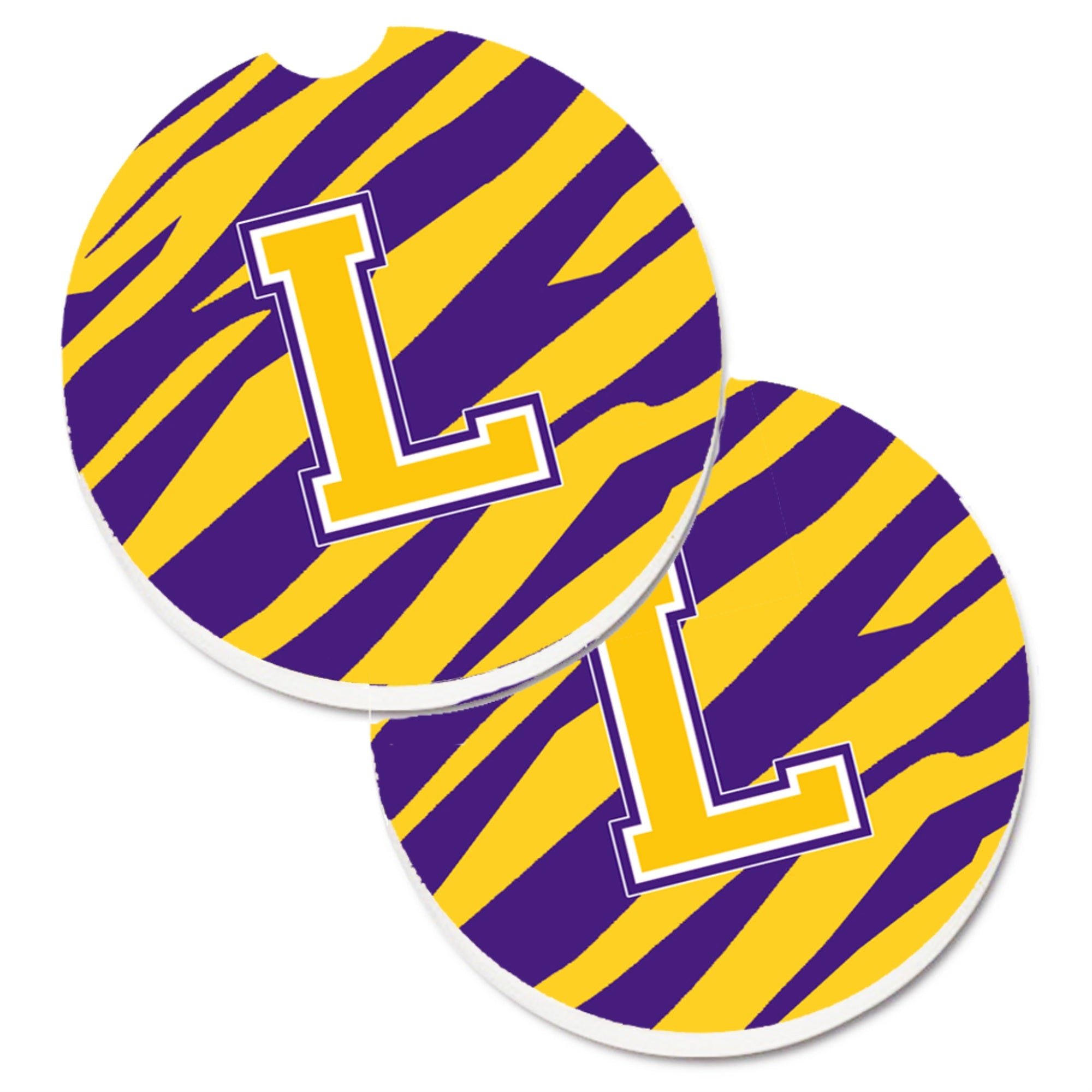 'Caroline'S Treasures Letter L Monogram - Tiger Stripe - Purple Gold Set Of 2 Cup Holder Car Coasters Cj1022-Lcarc, 2.56, Multi