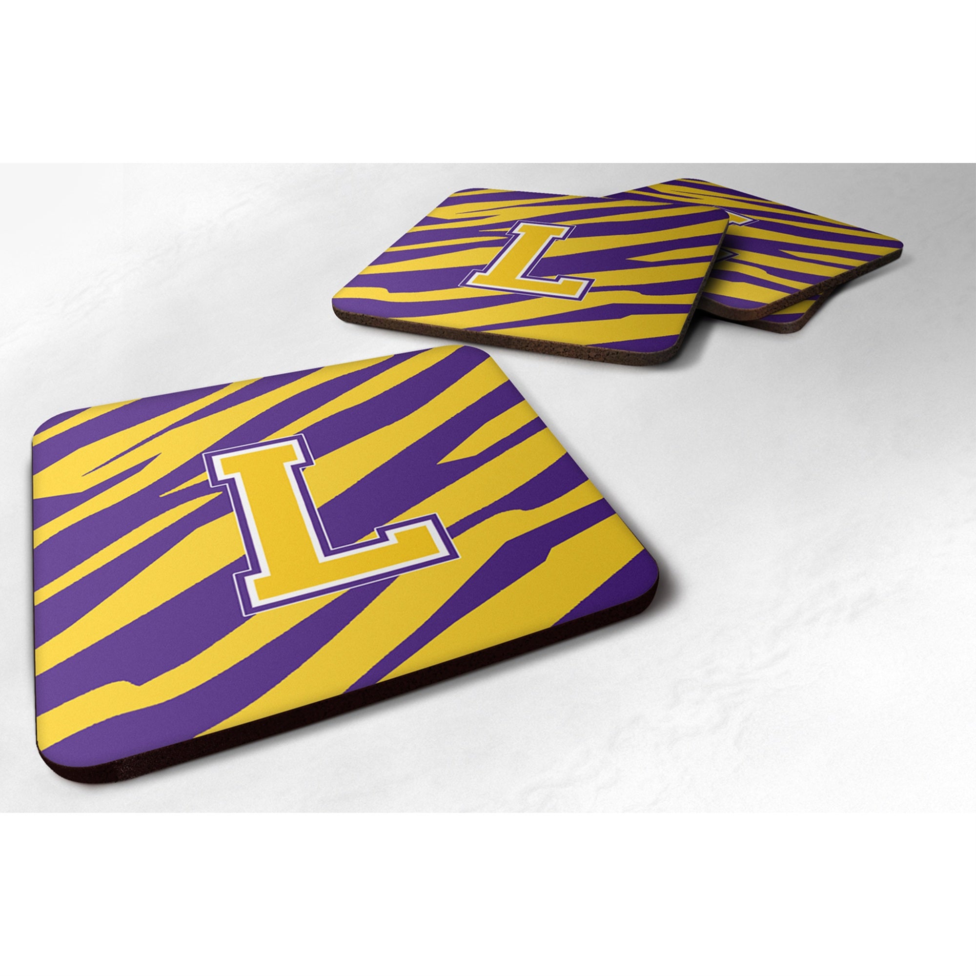 'Caroline'S Treasures Cj1022-Lfc Monogram-Initial L Tiger Stripe-Purple Gold Foam Coasters (Set Of 4), 3.5'''' H X 3.5'''' W, M