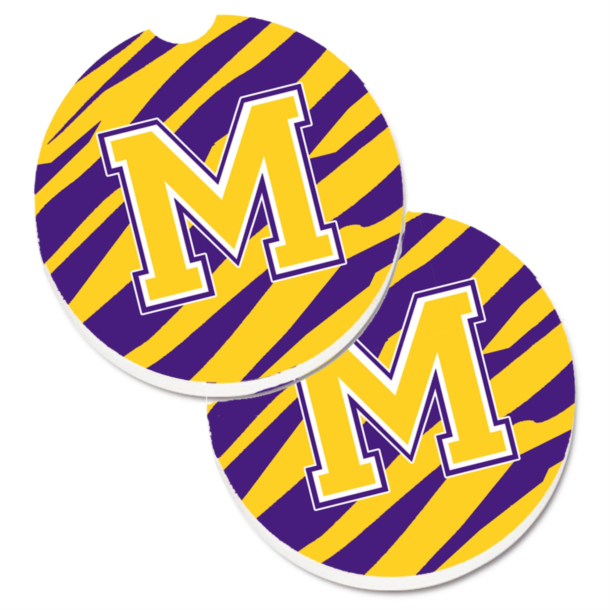 'Caroline'S Treasures Letter M Monogram - Tiger Stripe - Purple Gold Set Of 2 Cup Holder Car Coasters Cj1022-Mcarc, 2.56, Multi