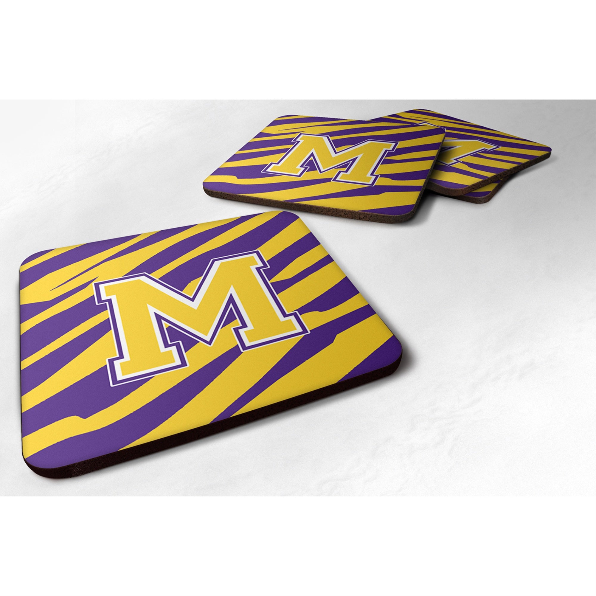'Caroline'S Treasures Cj1022-Mfc Monogram-Initial M Tiger Stripe-Purple Gold Foam Coasters (Set Of 4), 3.5'''' H X 3.5'''' W, M