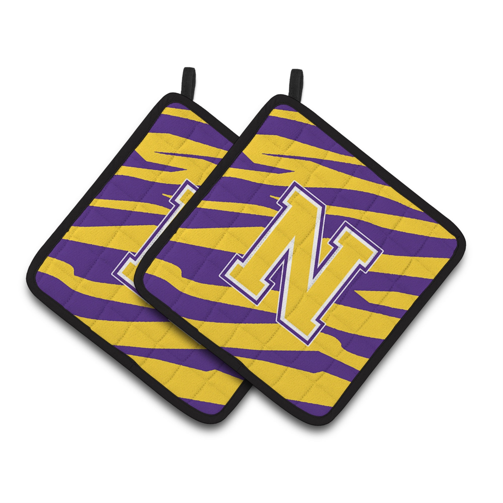 'Caroline'S Treasures Cj1022-Npthd Letter N Monogram With Tiger Stripes Pot Holders (1 Pair), 7.5'''' X 7.5'''', Purple/Gold''