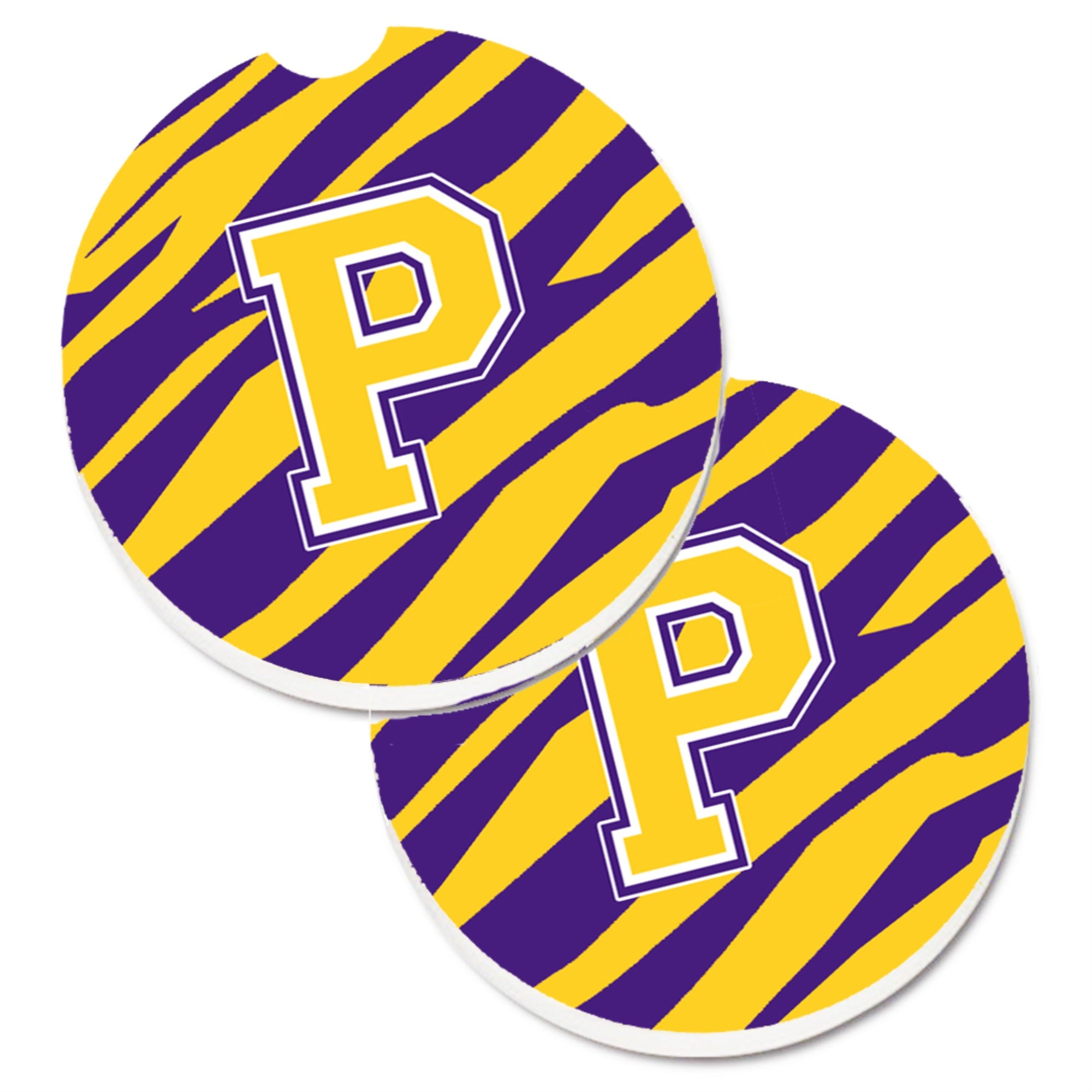 'Caroline'S Treasures Letter P Monogram - Tiger Stripe - Purple Gold Set Of 2 Cup Holder Car Coasters Cj1022-Pcarc, 2.56, Multi