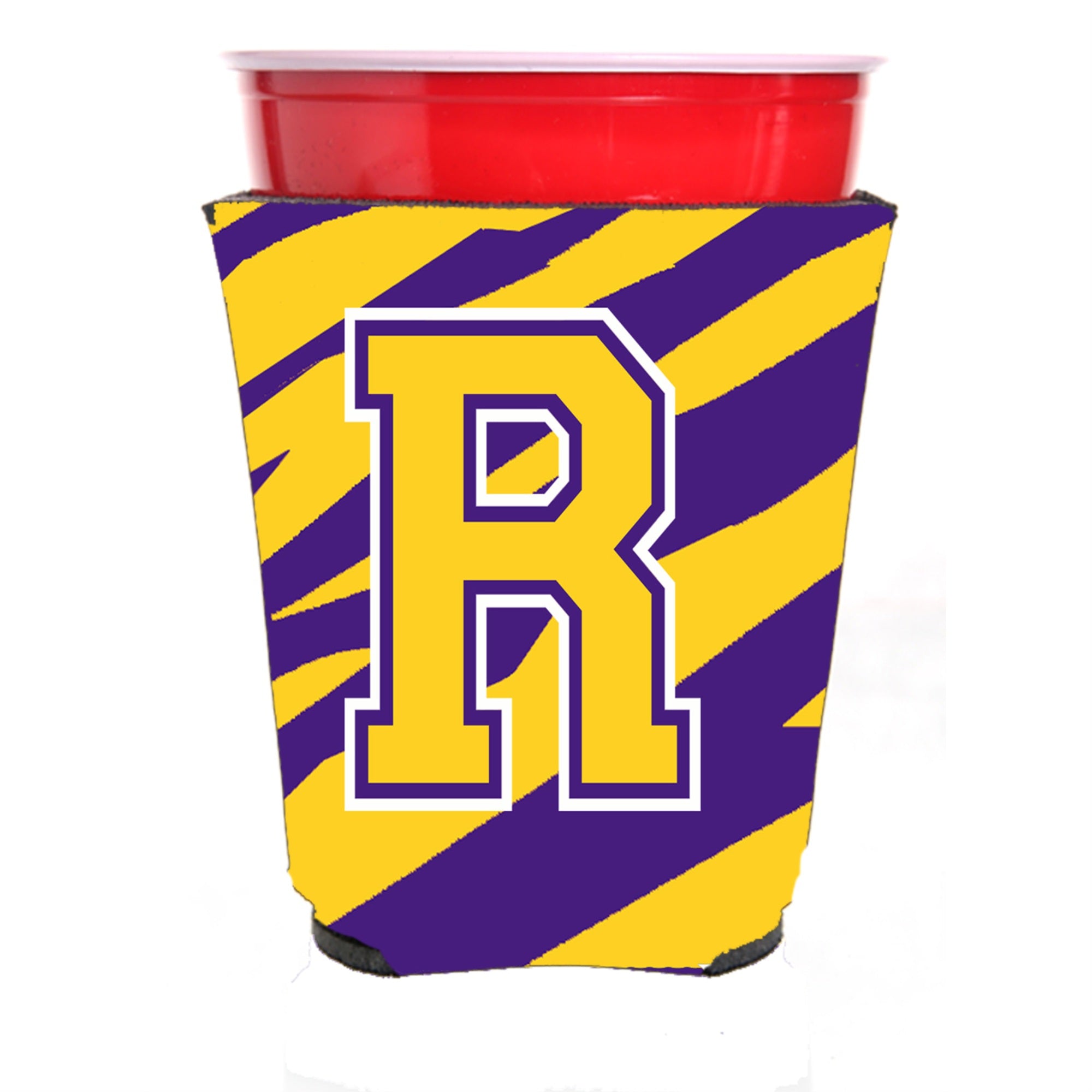 Tiger Stripe - Purple Gold Letter R Monogram Initial Red Solo Cup Beverage Insulator Hugger