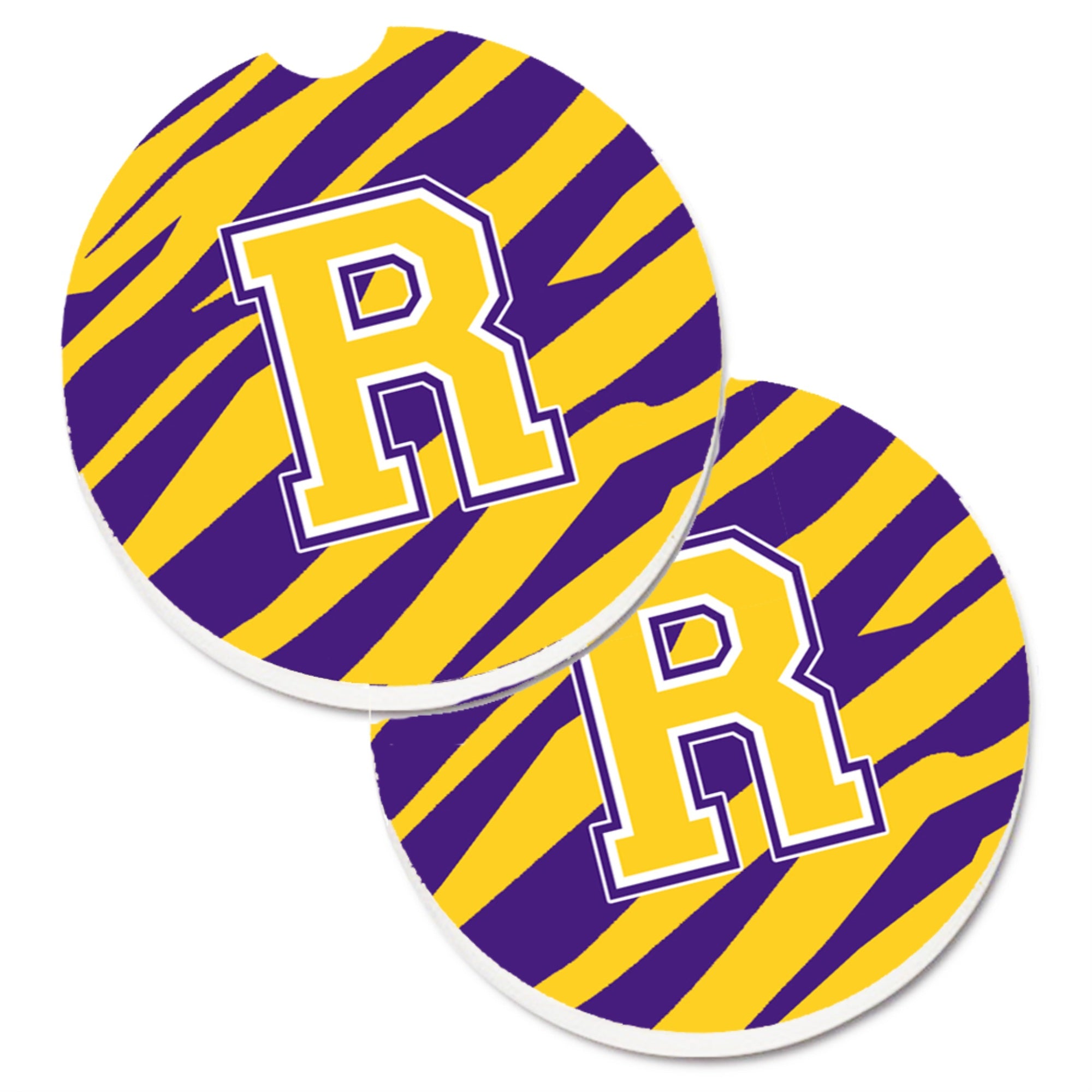 'Caroline'S Treasures Letter R Monogram - Tiger Stripe - Purple Gold Set Of 2 Cup Holder Car Coasters Cj1022-Rcarc, 2.56, Multi