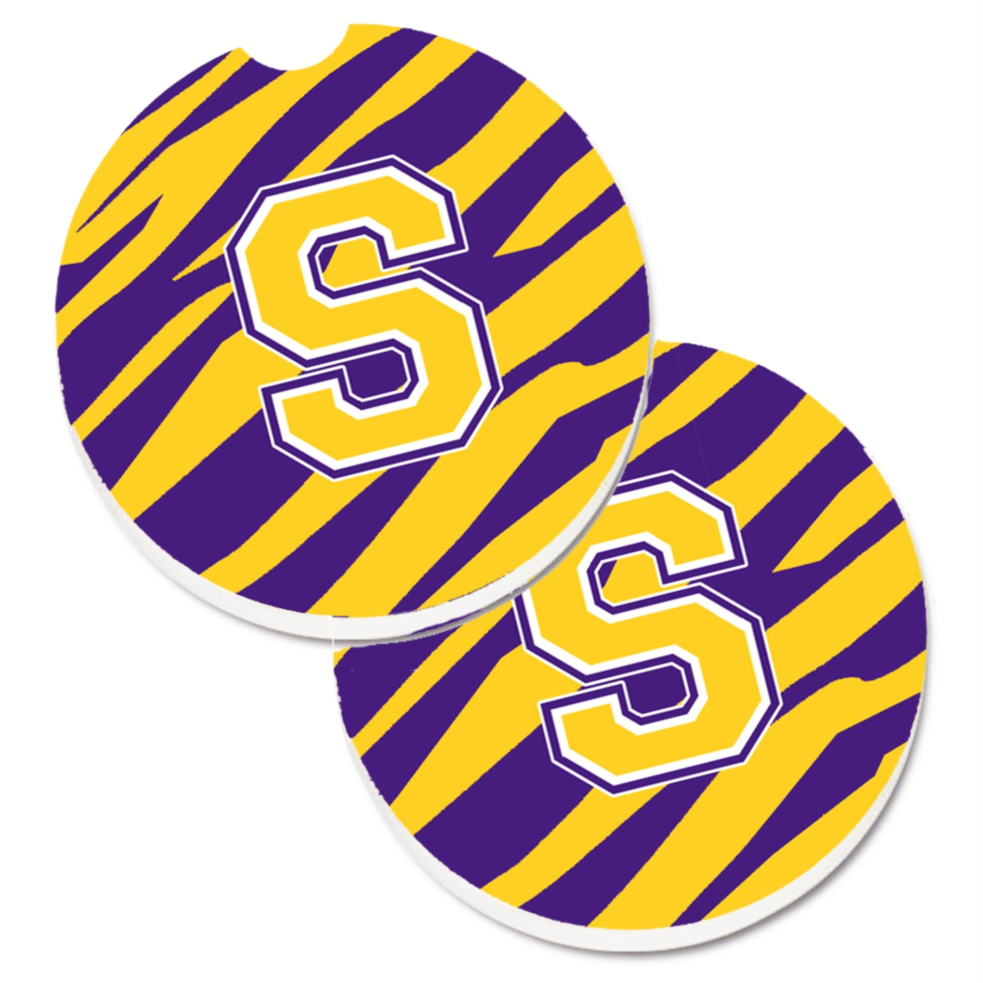 'Caroline'S Treasures Letter S Monogram - Tiger Stripe - Purple Gold Set Of 2 Cup Holder Car Coasters Cj1022-Scarc, 2.56, Multi
