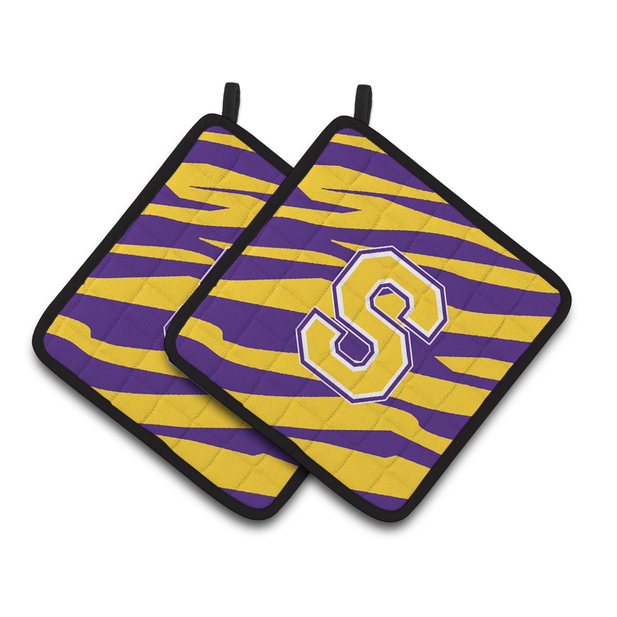 'Caroline'S Treasures Letter S Monogram - Tiger Stripe - Purple Gold Pair Of Pot Holders Cj1022-Spthd, 7.5Hx7.5W, Multicolor''