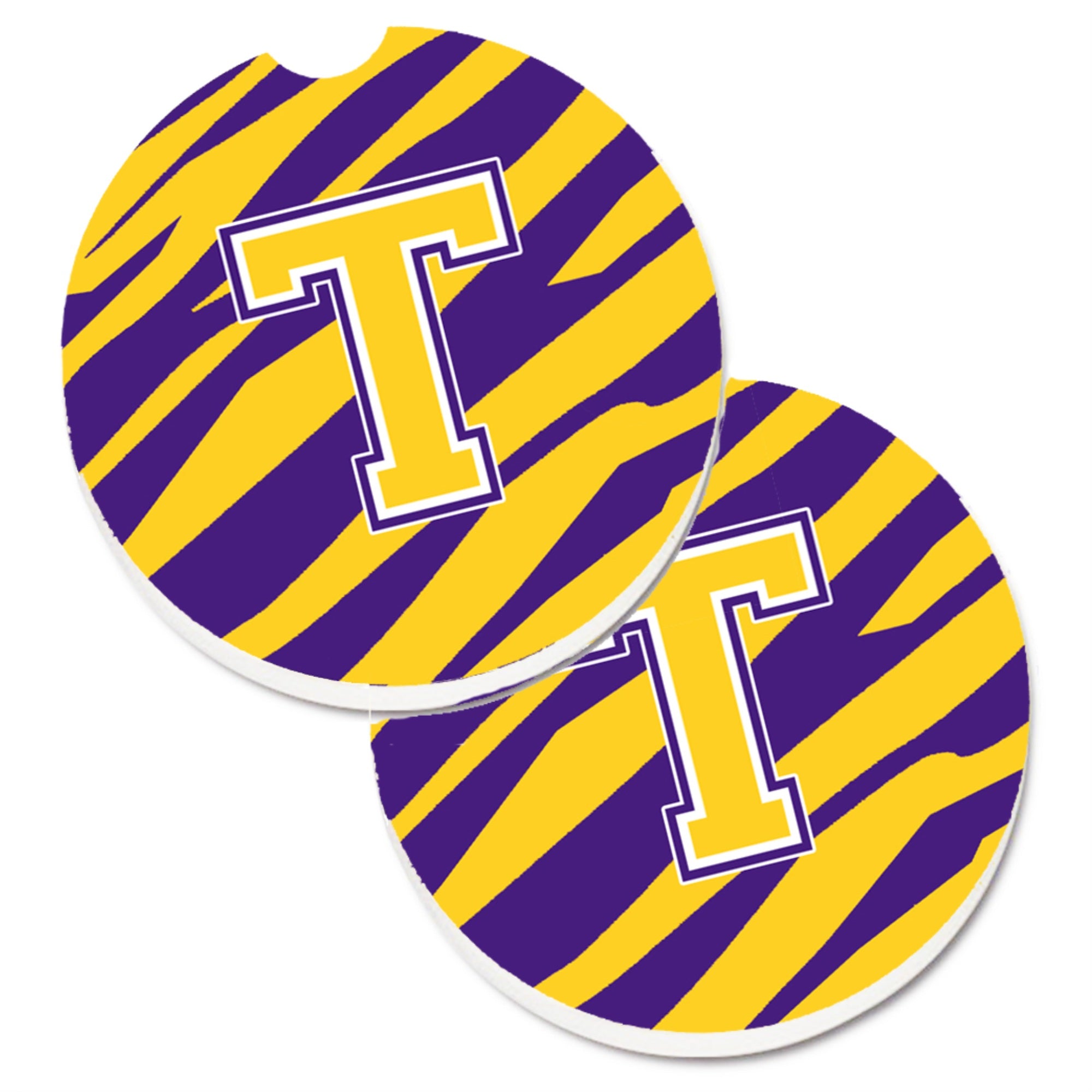'Caroline'S Treasures Letter T Monogram - Tiger Stripe - Purple Gold Set Of 2 Cup Holder Car Coasters Cj1022-Tcarc, 2.56, Multi