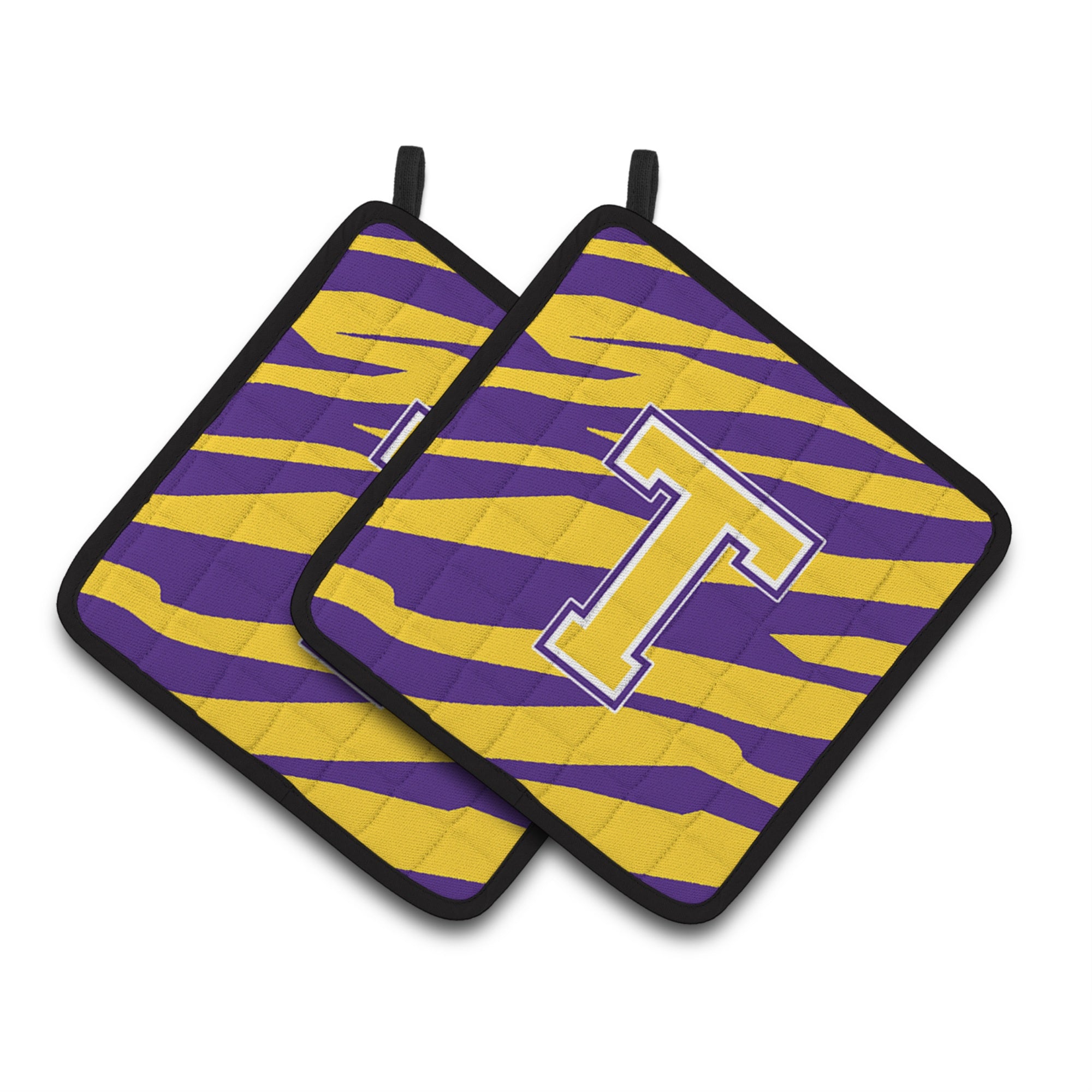 'Caroline'S Treasures Letter T Monogram - Tiger Stripe - Purple Gold Pair Of Pot Holders Cj1022-Tpthd, 7.5Hx7.5W, Multicolor''