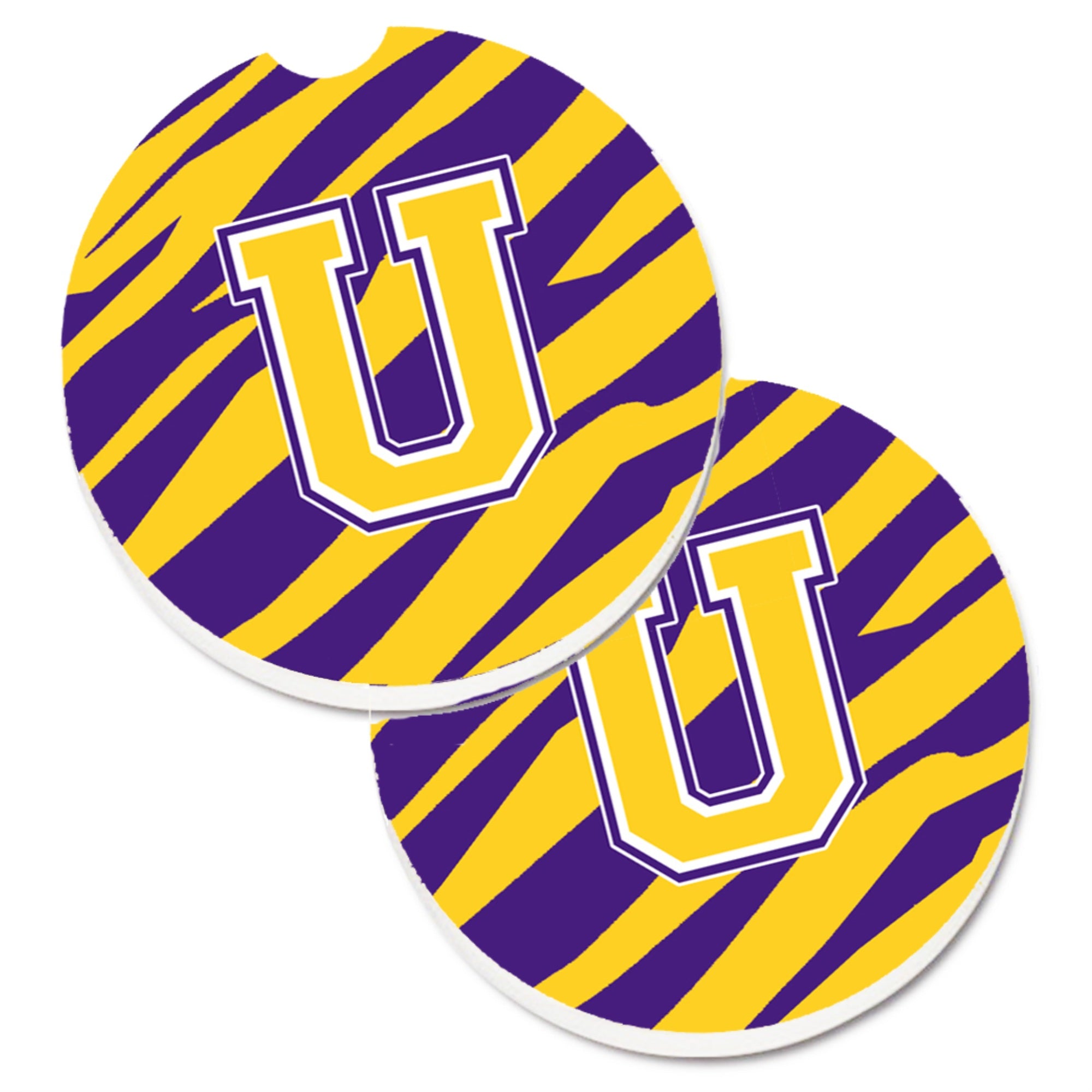 'Caroline'S Treasures Letter U Monogram - Tiger Stripe - Purple Gold Set Of 2 Cup Holder Car Coasters Cj1022-Ucarc, 2.56, Multi