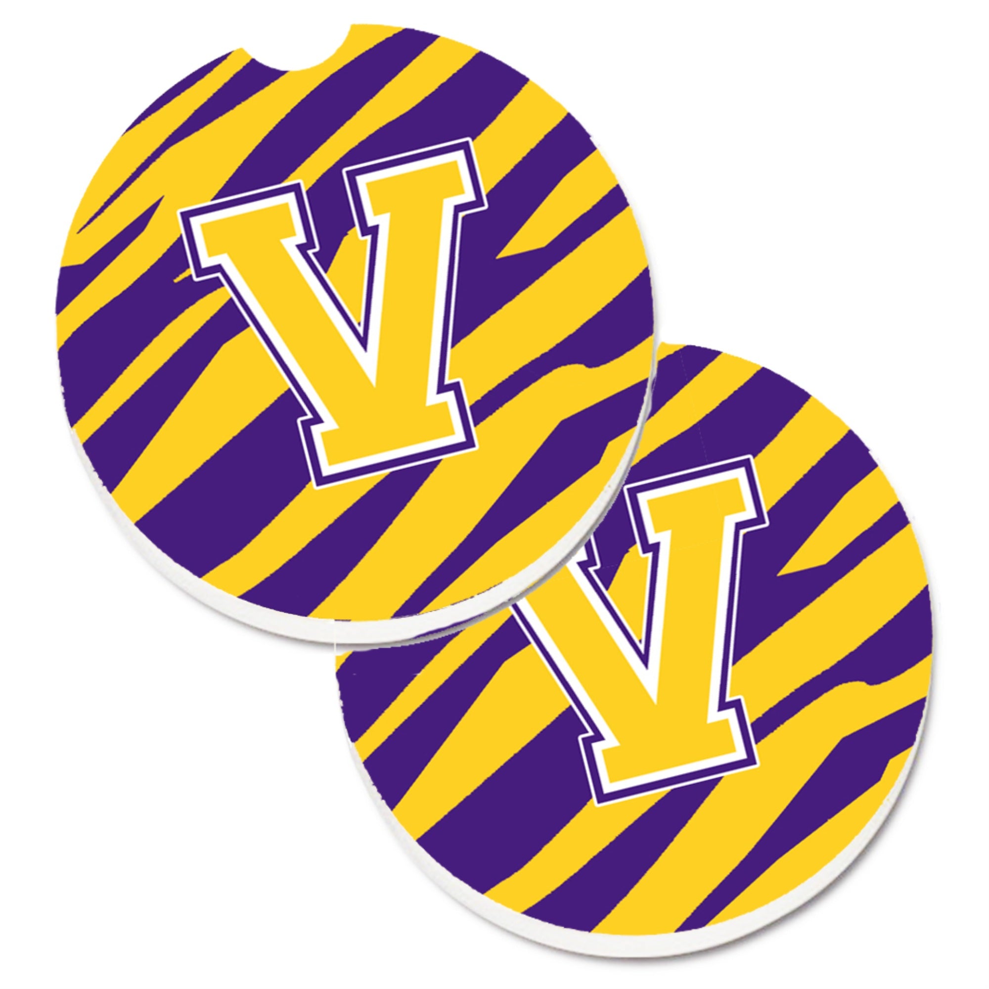 'Caroline'S Treasures Letter V Monogram - Tiger Stripe - Purple Gold Set Of 2 Cup Holder Car Coasters Cj1022-Vcarc, 2.56, Multi