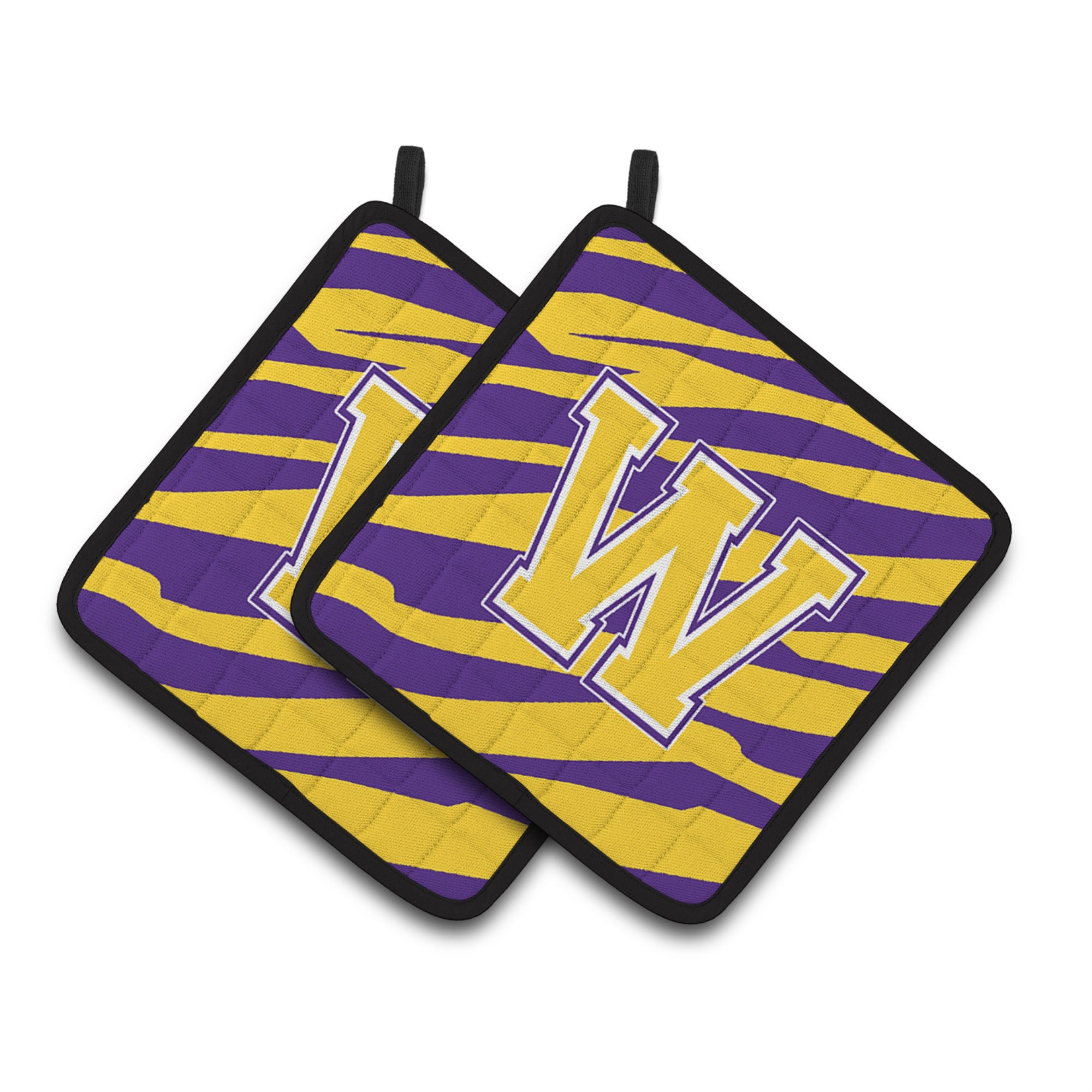 'Caroline'S Treasures Cj1022-Wpthd Letter W Monogram With Tiger Stripes Pot Holders (1 Pair), 7.5'''' X 7.5'''', Purple/Gold''