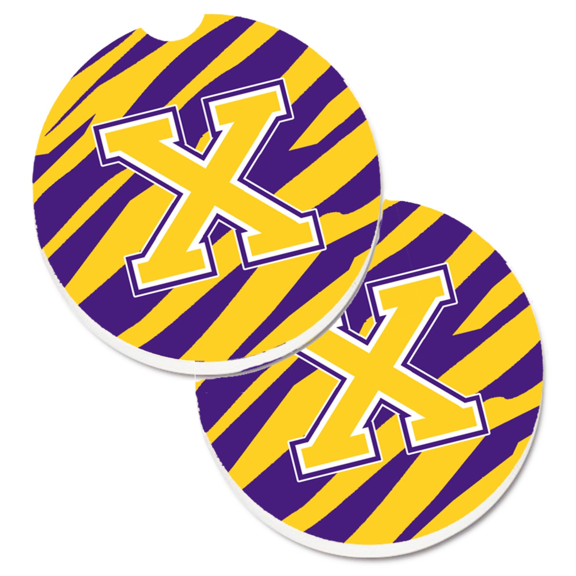 'Caroline'S Treasures Letter X Monogram - Tiger Stripe - Purple Gold Set Of 2 Cup Holder Car Coasters Cj1022-Xcarc, 2.56, Multi