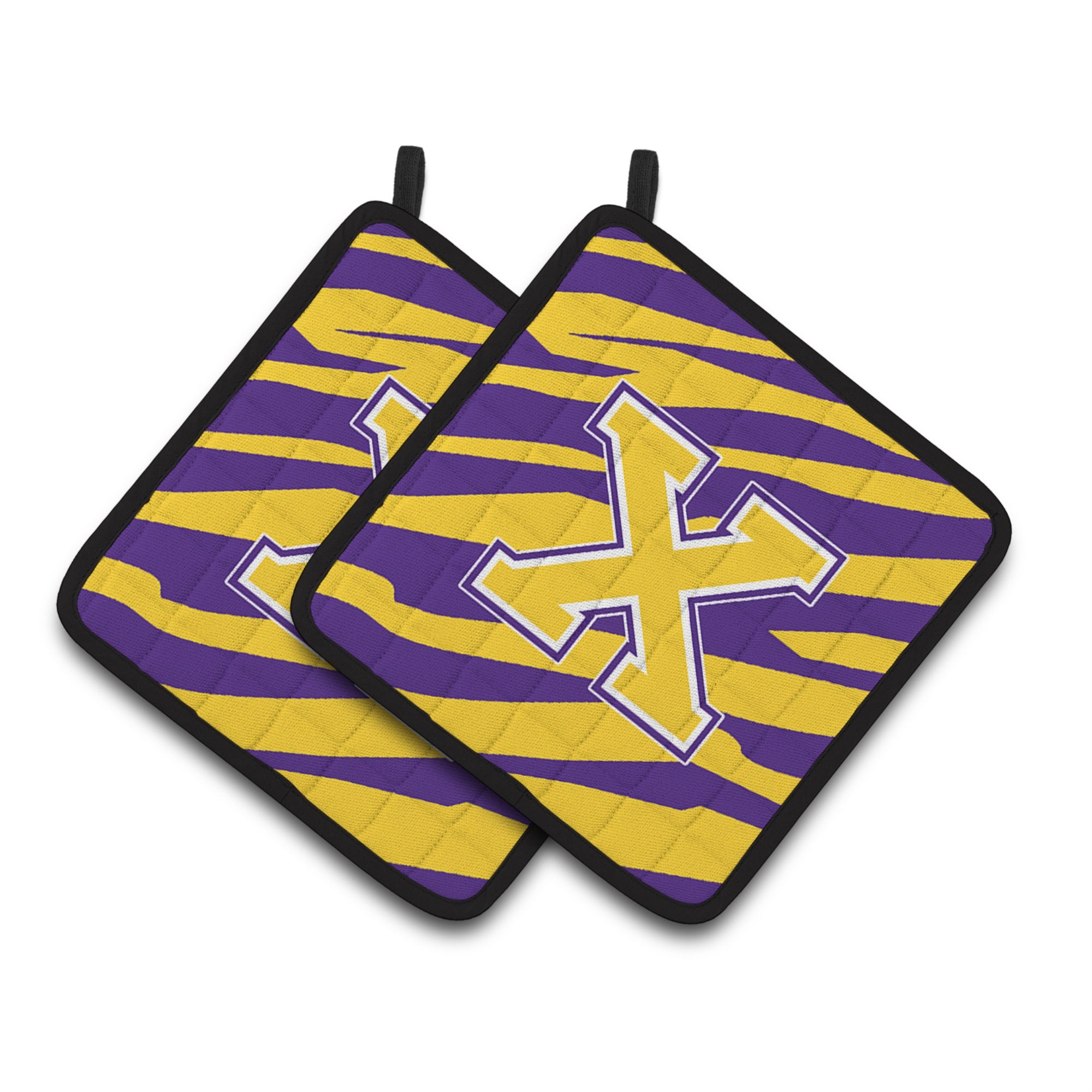 'Caroline'S Treasures Letter X Monogram - Tiger Stripe - Purple Gold Pair Of Pot Holders Cj1022-Xpthd, 7.5Hx7.5W, Multicolor''