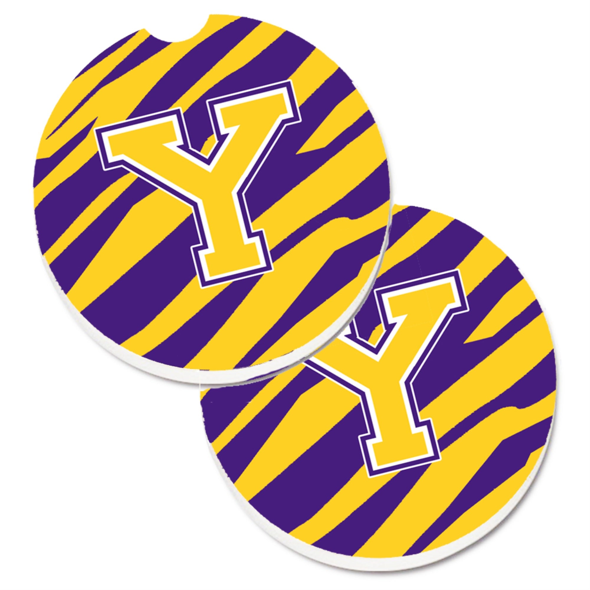 'Caroline'S Treasures Letter Y Monogram - Tiger Stripe - Purple Gold Set Of 2 Cup Holder Car Coasters Cj1022-Ycarc, 2.56, Multi