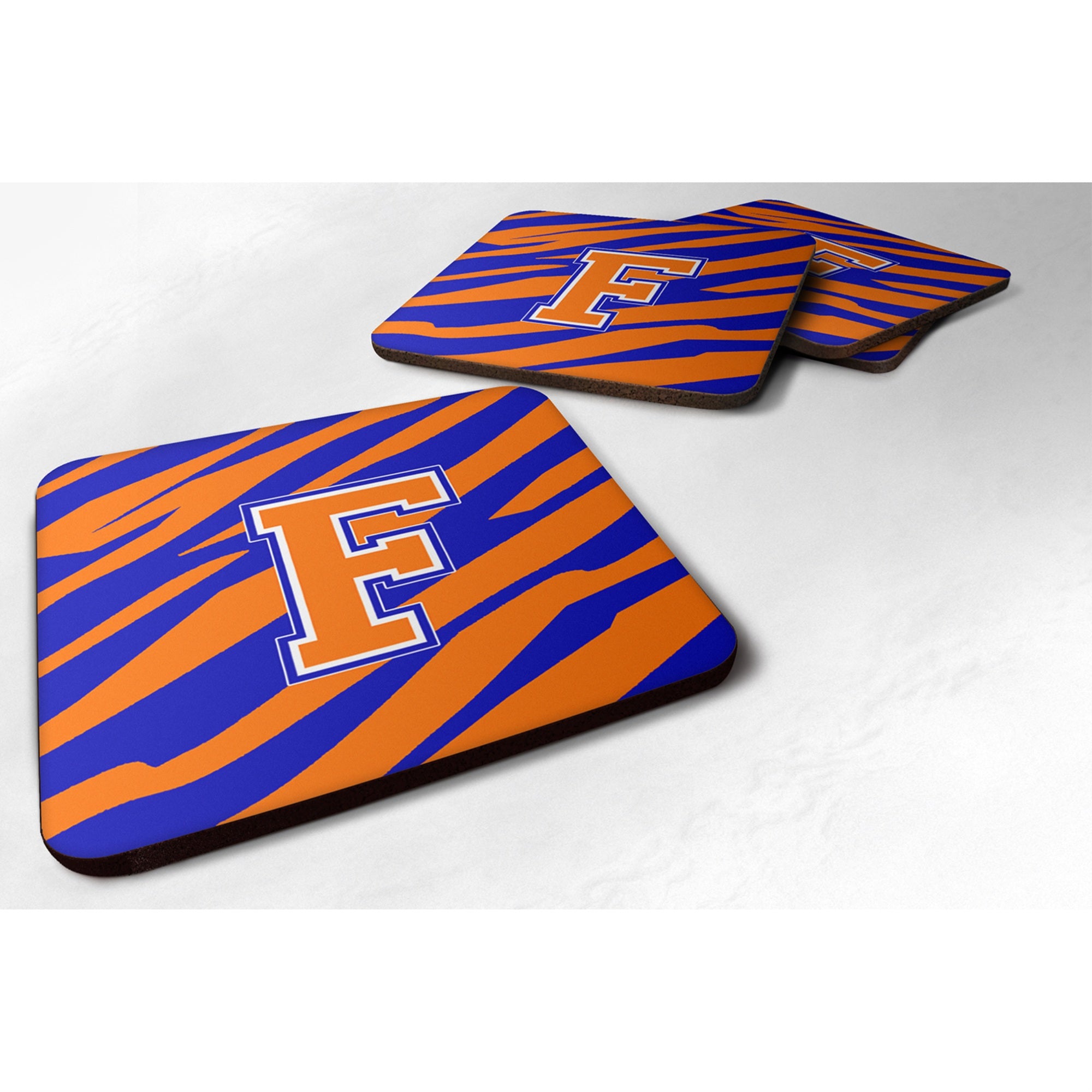 'Caroline'S Treasures Cj1023-Ffc Monogram-Tiger Stripe-Blue Orange Foam Coasters (Set Of 4), Initial Letter F, 3.5'''' H X 3.5'