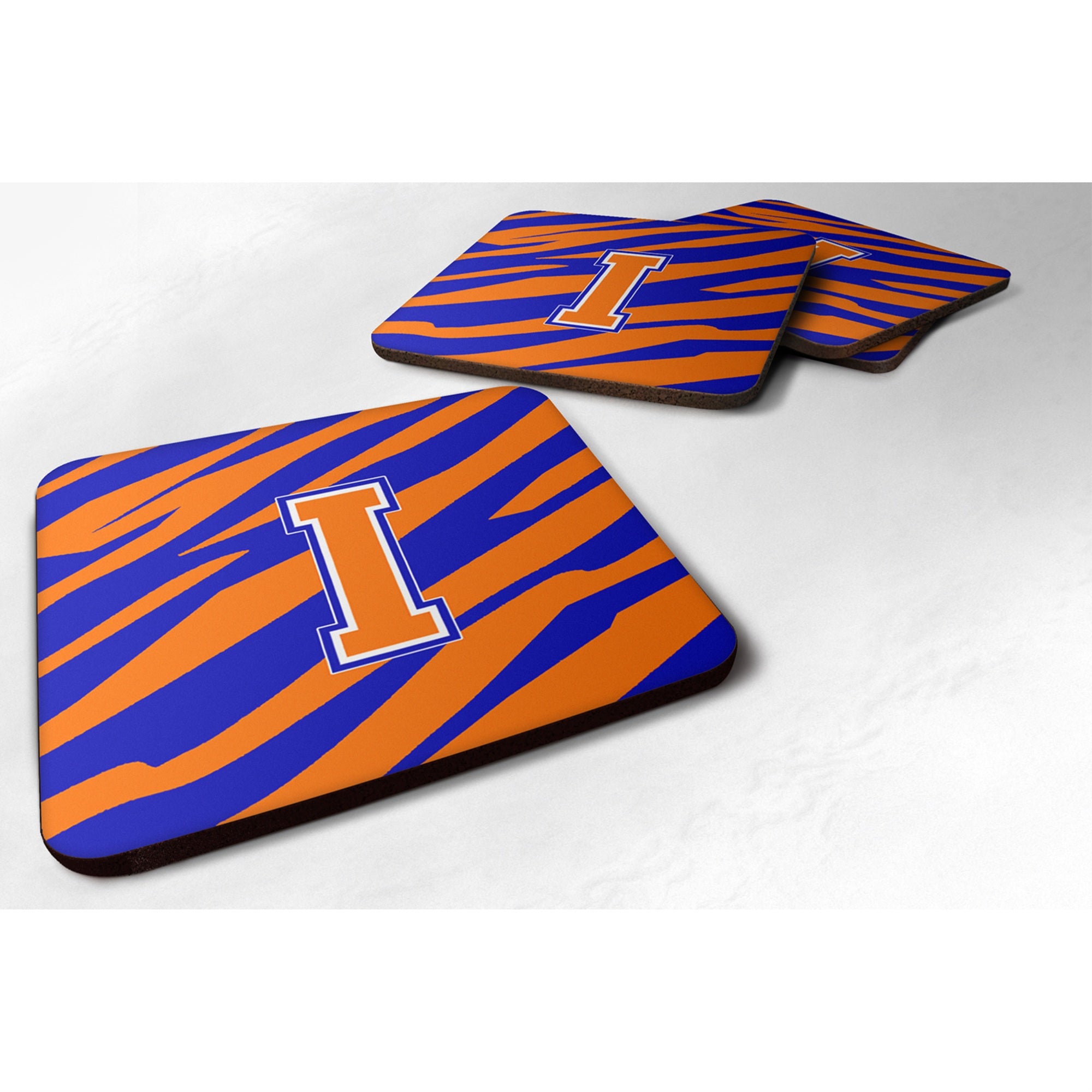'Caroline'S Treasures Cj1023-Ifc Monogram-Tiger Stripe-Blue Orange Foam Coasters (Set Of 4), Initial Letter I, 3.5'''' H X 3.5'
