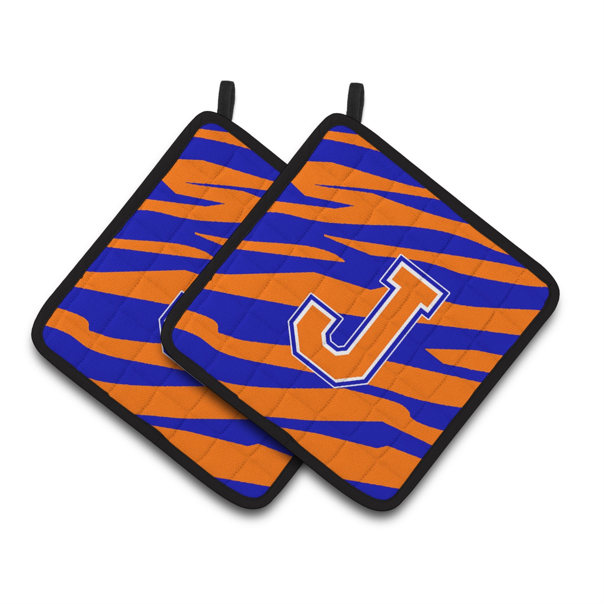 'Caroline'S Treasures Monogram Initial J Tiger Stripe - Blue Orange Pair Of Pot Holders Cj1023-Jpthd, 7.5Hx7.5W, Multicolor''