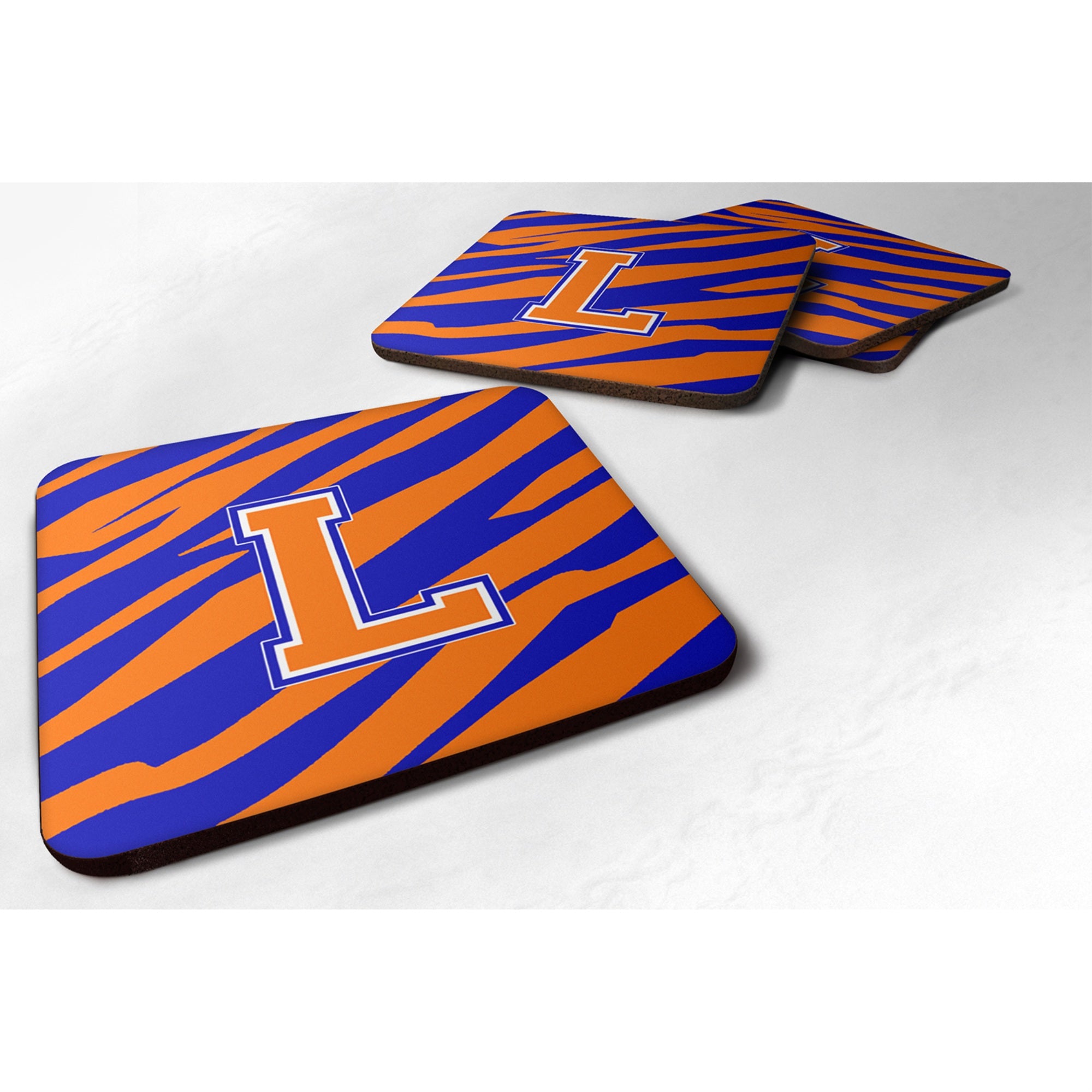 'Caroline'S Treasures Cj1023-Lfc Monogram-Tiger Stripe-Blue Orange Foam Coasters (Set Of 4), Initial Letter L, 3.5'''' H X 3.5'