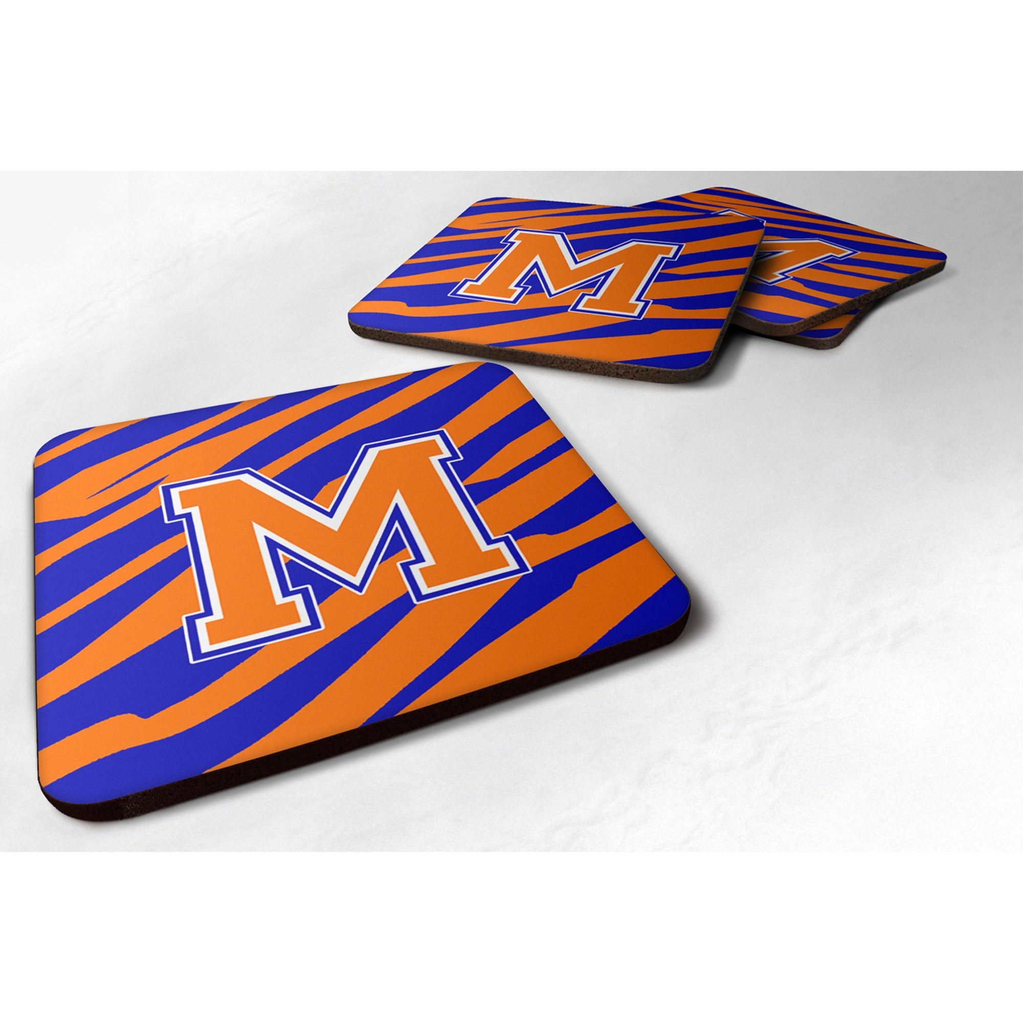 'Caroline'S Treasures Cj1023-Mfc Monogram-Tiger Stripe-Blue Orange Foam Coasters (Set Of 4), Initial Letter M, 3.5'''' H X 3.5'