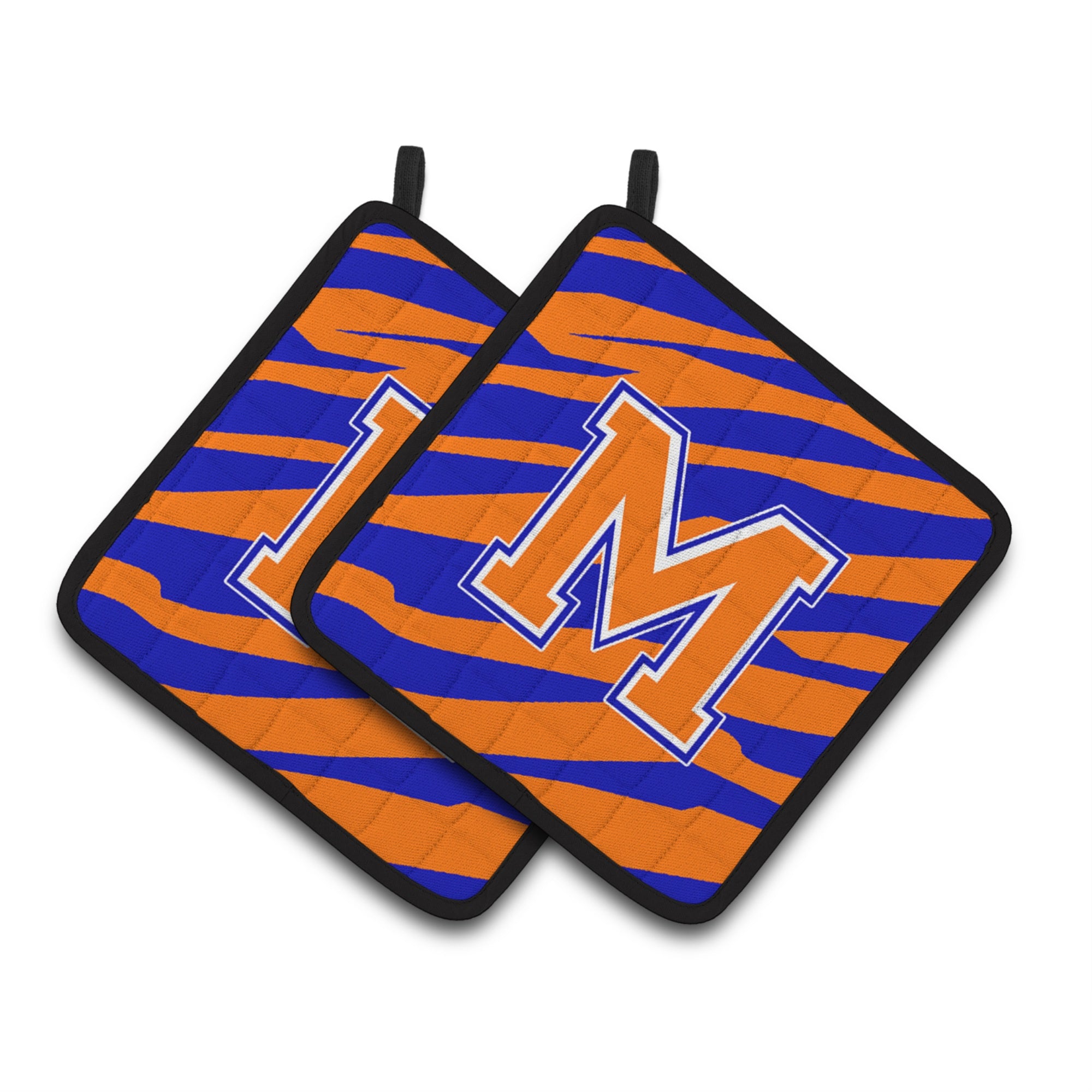 'Caroline'S Treasures Monogram Initial M Tiger Stripe - Blue Orange Pair Of Pot Holders Cj1023-Mpthd, 7.5Hx7.5W, Multicolor''