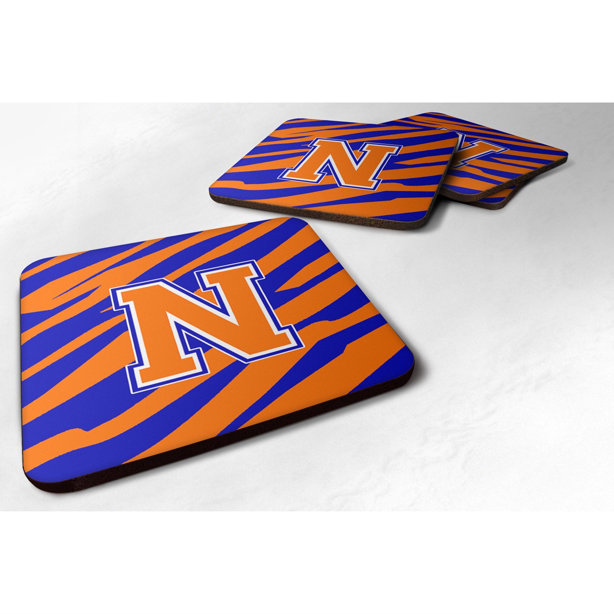 'Caroline'S Treasures Cj1023-Nfc Monogram-Tiger Stripe-Blue Orange Foam Coasters (Set Of 4), Initial Letter N, 3.5'''' H X 3.5'