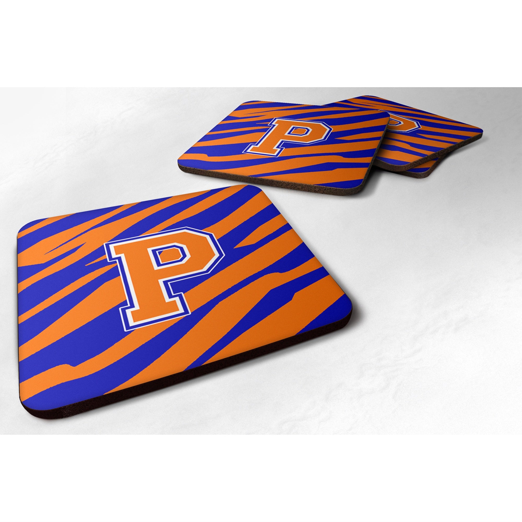 Carolines Treasures CJ1023PFC MonogramTiger StripeBlue Orange Foam Coasters (Set of 4) Initial Letter P 3.5 H x 3.5 W Mu